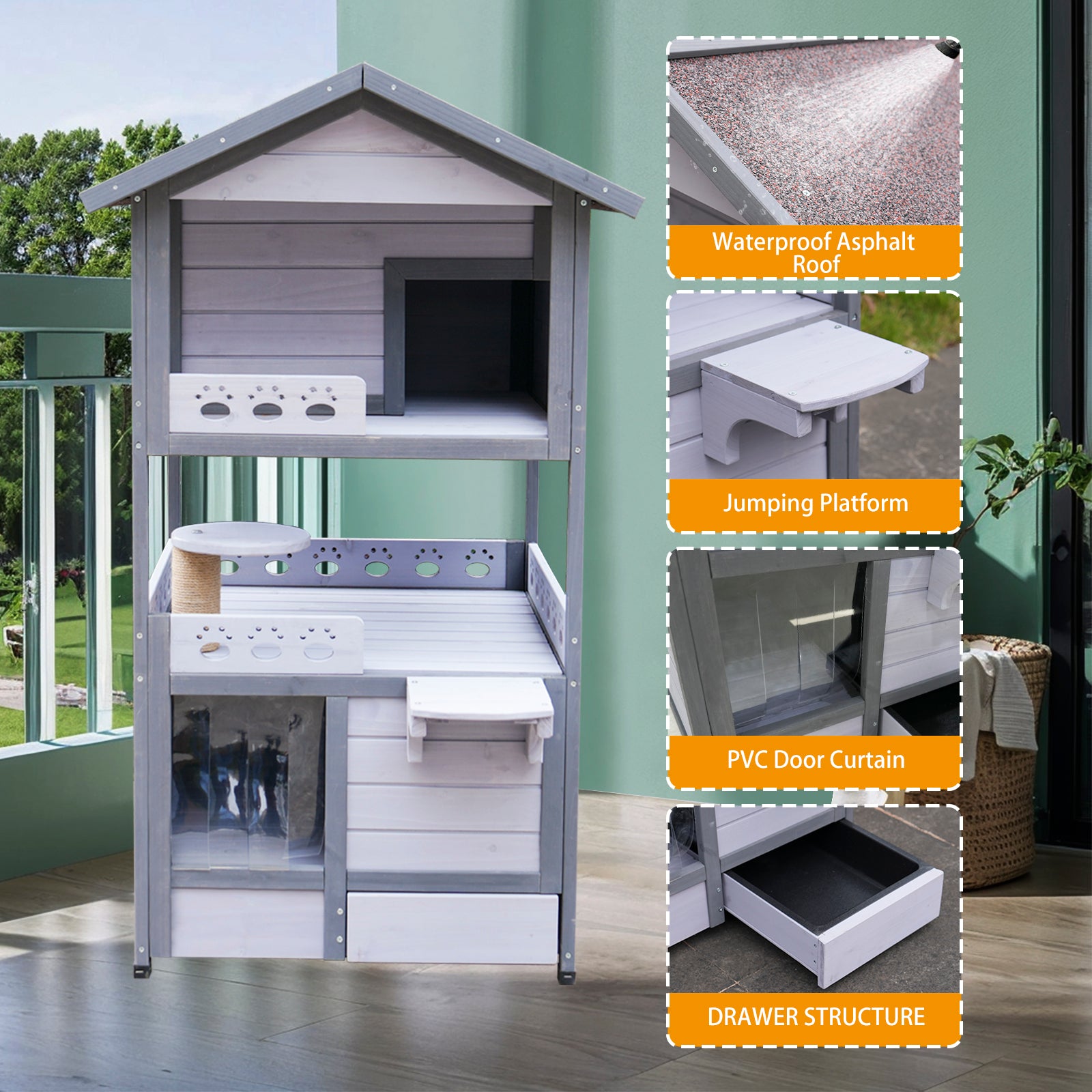 Three Story Outdoor Cat House with Balcony, Large Feral Villa Cat Shelter Weatherproof, 3 Story Outside Cat House for Multiple Cats
