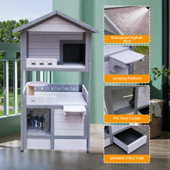 Three Story Outdoor Cat House with Balcony, Large Feral Villa Cat Shelter Weatherproof, 3 Story Outside Cat House for Multiple Cats