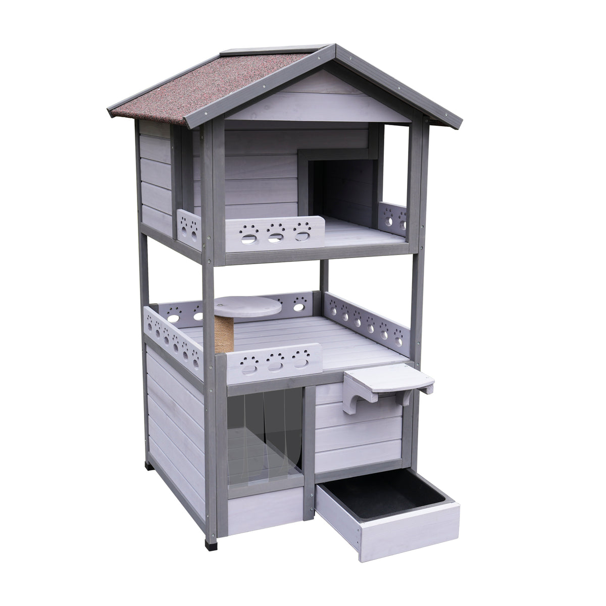 Three Story Outdoor Cat House with Balcony, Large Feral Villa Cat Shelter Weatherproof, 3 Story Outside Cat House for Multiple Cats