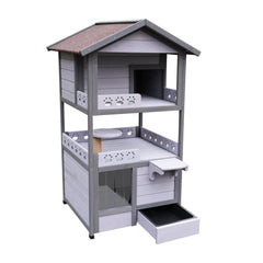 Three Story Outdoor Cat House with Balcony, Large Feral Villa Cat Shelter Weatherproof, 3 Story Outside Cat House for Multiple Cats