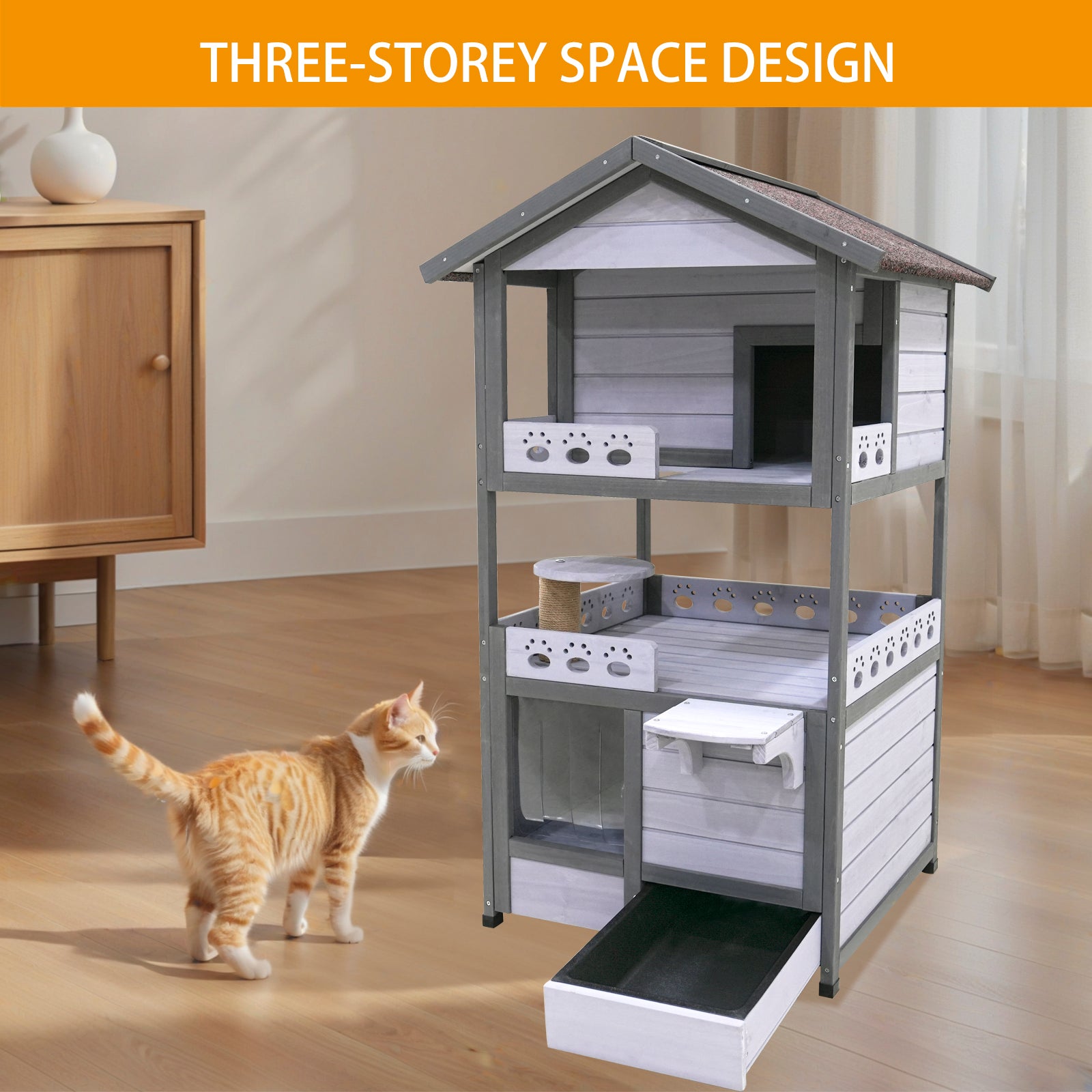 Three Story Outdoor Cat House with Balcony, Large Feral Villa Cat Shelter Weatherproof, 3 Story Outside Cat House for Multiple Cats
