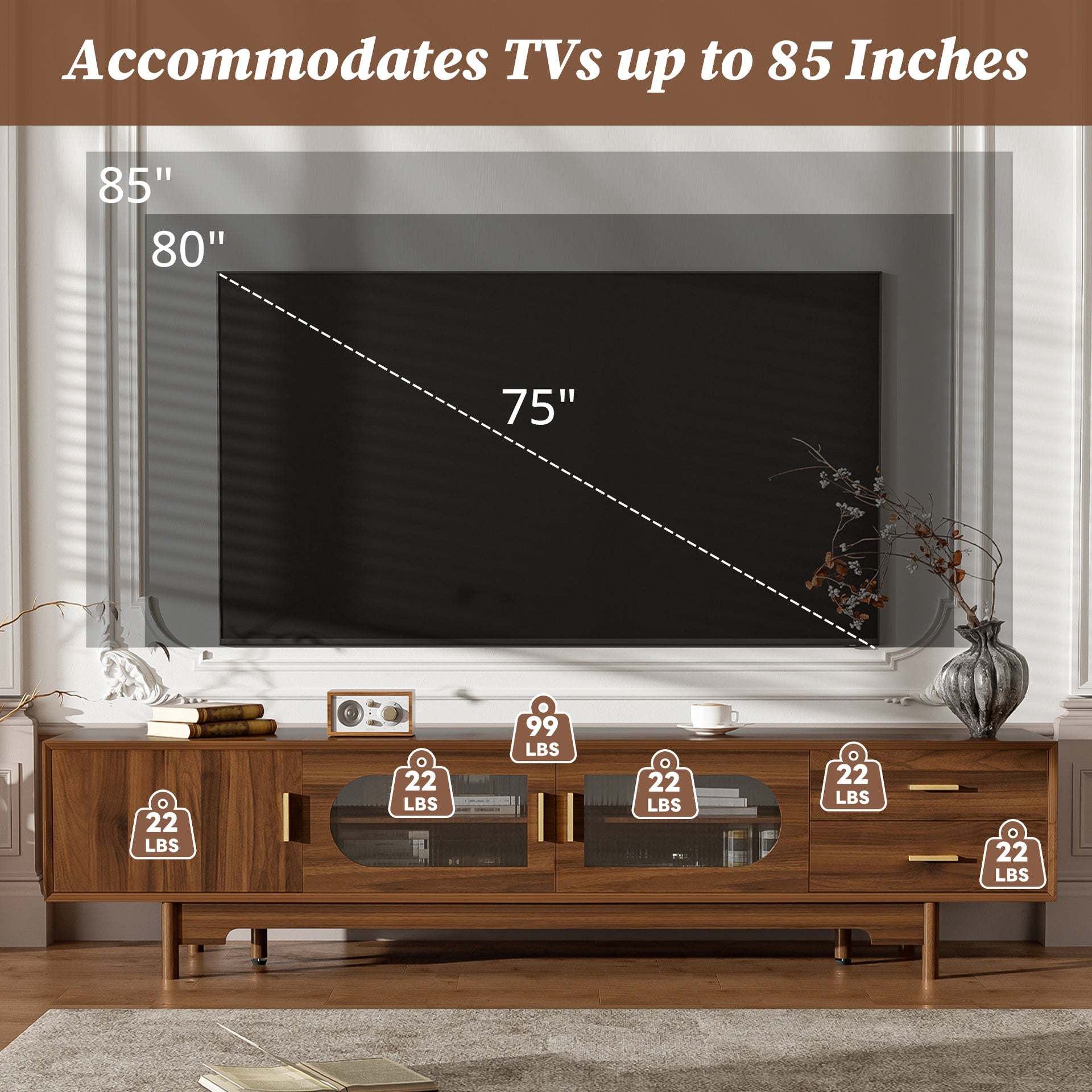 78inch TV Stand for TVs Up to 85", Modern TV Cabinet with Fluted Glass Doors & 2 Drawers, for Living Room, Entertainment Center with Cable Management, Solid Wood Legs