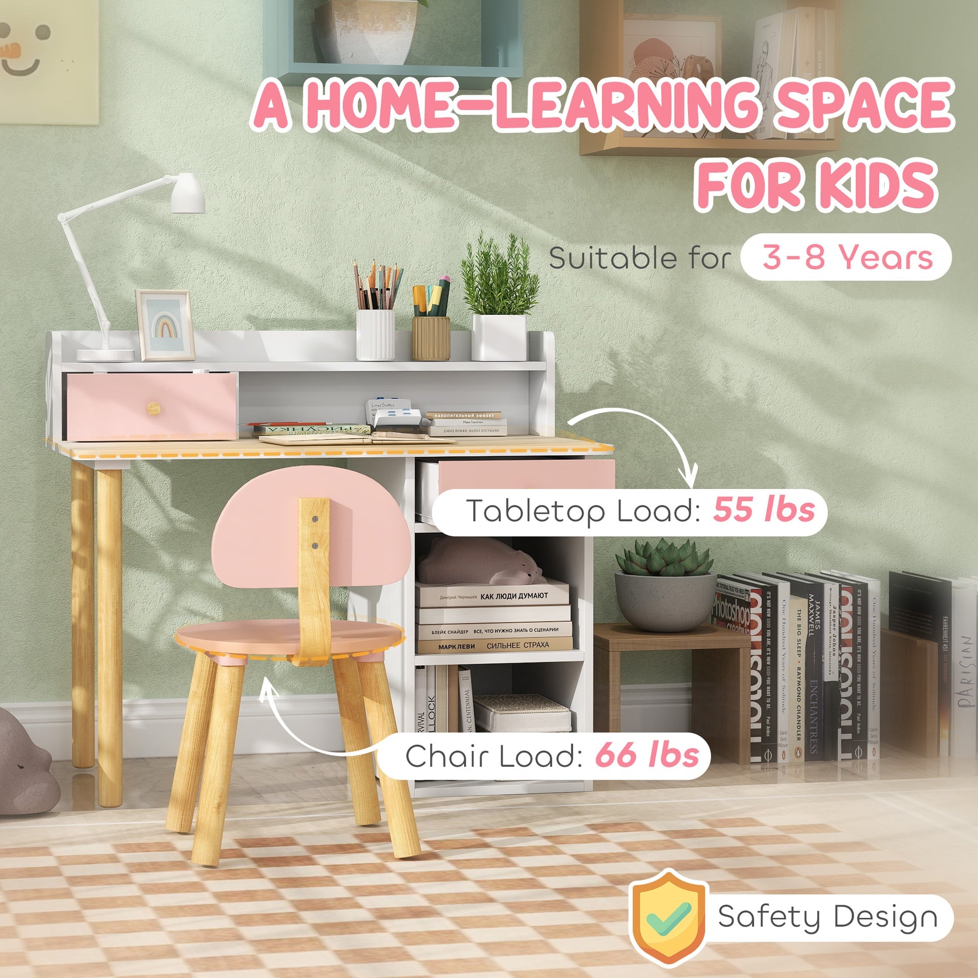 Qaba Kids Study Desk with Storage, Kids Desk and Chair Set for Bedroom & Study Room, Girls Boys Aged 3-8 Years, Pink