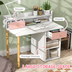 Qaba Kids Study Desk with Storage, Kids Desk and Chair Set for Bedroom & Study Room, Girls Boys Aged 3-8 Years, Pink