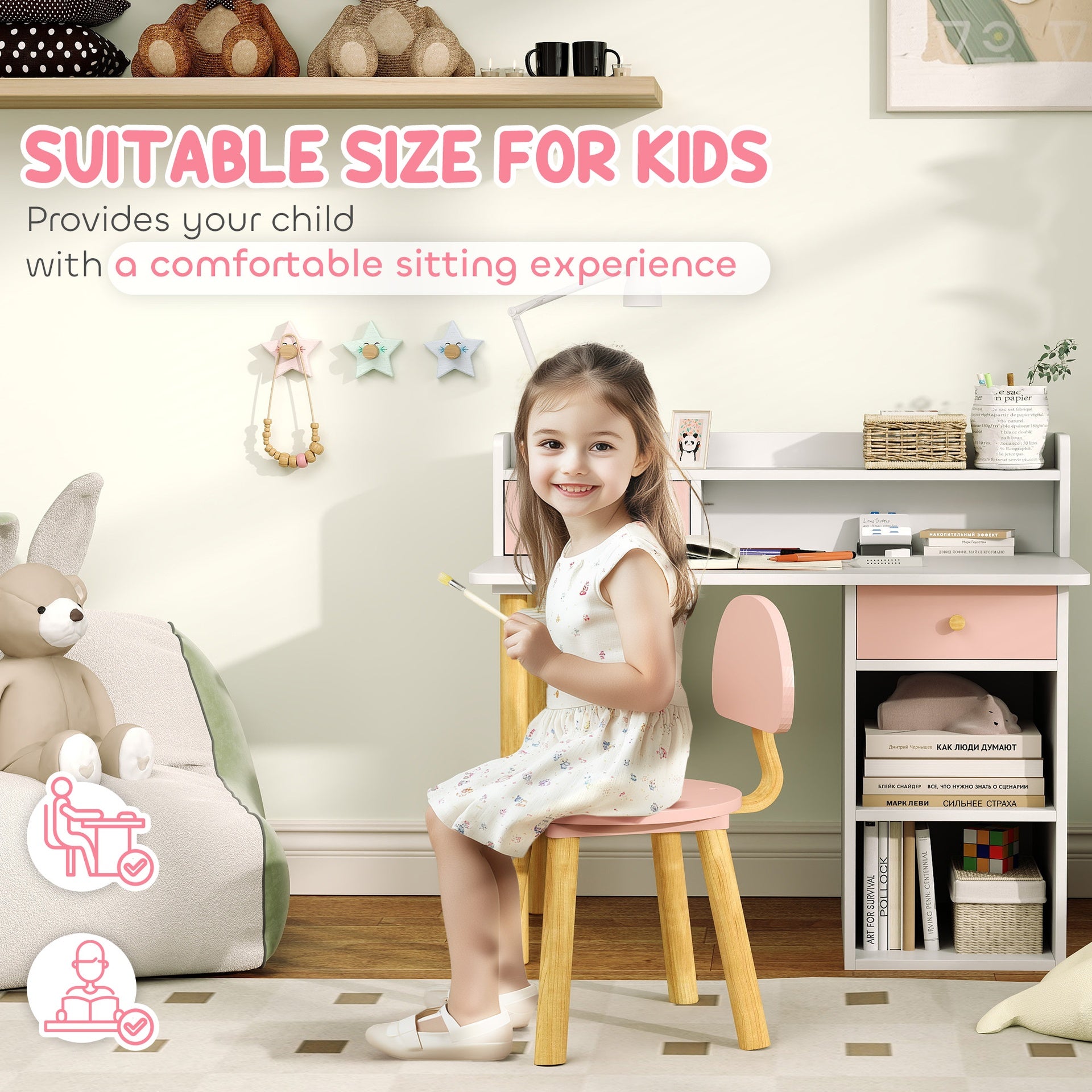 Qaba Kids Study Desk with Storage, Kids Desk and Chair Set for Bedroom & Study Room, Girls Boys Aged 3-8 Years, Pink