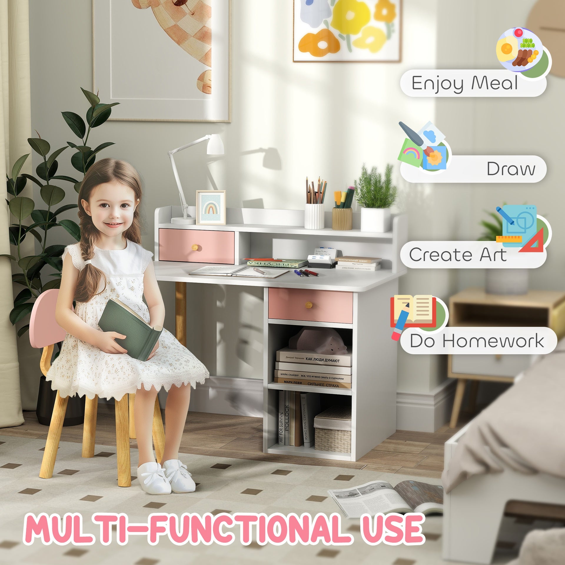 Qaba Kids Study Desk with Storage, Kids Desk and Chair Set for Bedroom & Study Room, Girls Boys Aged 3-8 Years, Pink
