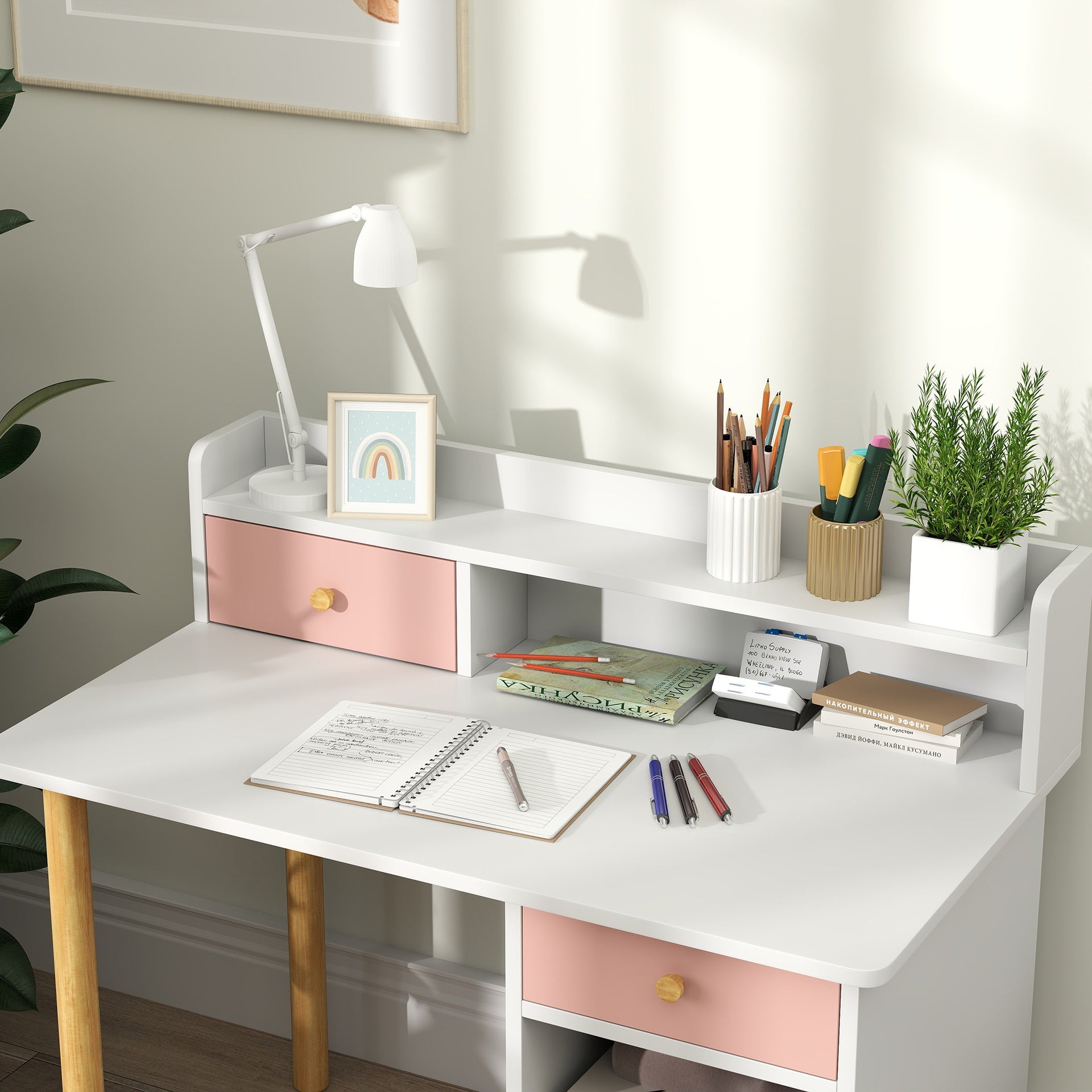 Qaba Kids Study Desk with Storage, Kids Desk and Chair Set for Bedroom & Study Room, Girls Boys Aged 3-8 Years, Pink