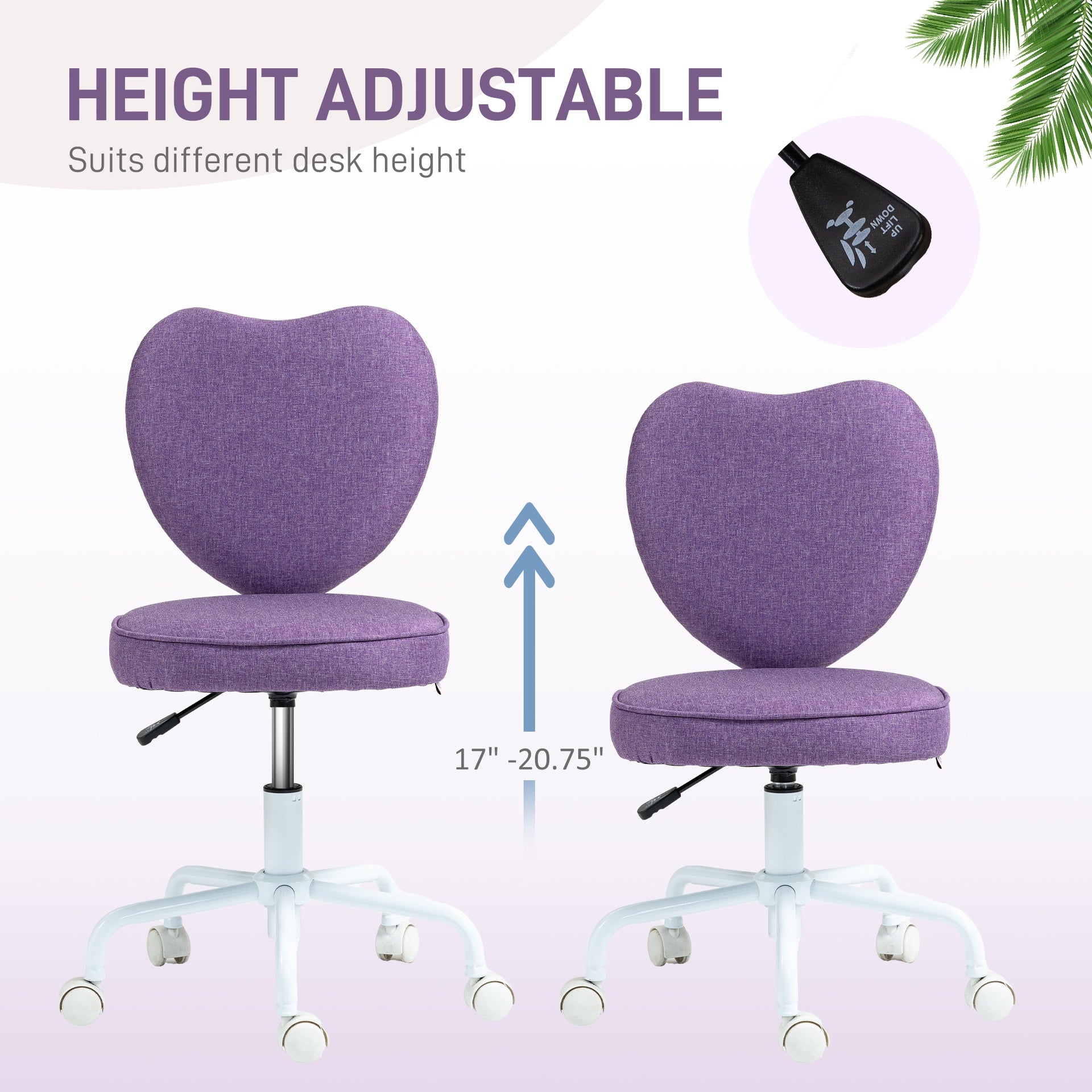 HOMCOM Heart Love Shaped Back Design Office Chair with Adjustable Height, Purple