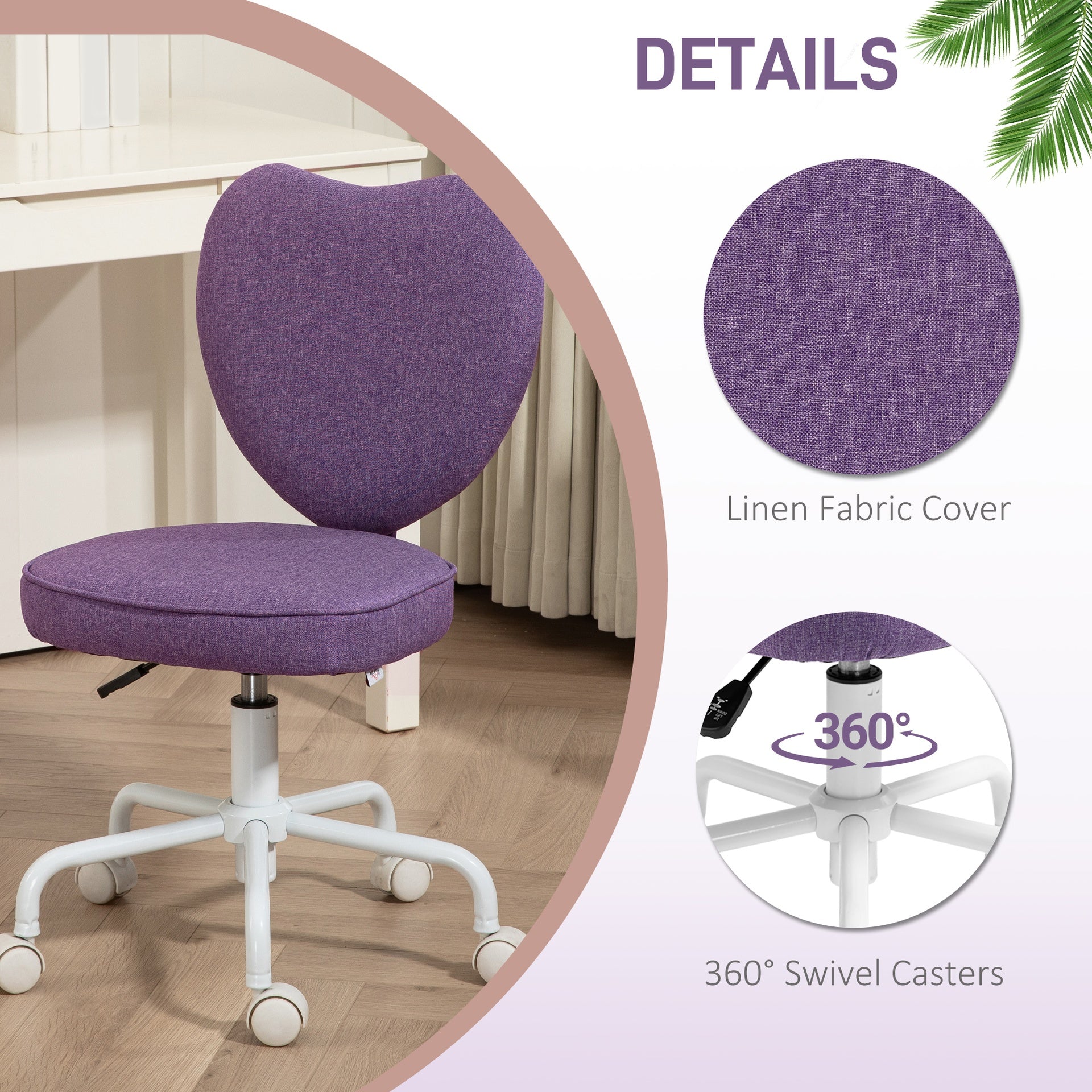 HOMCOM Heart Love Shaped Back Design Office Chair with Adjustable Height, Purple