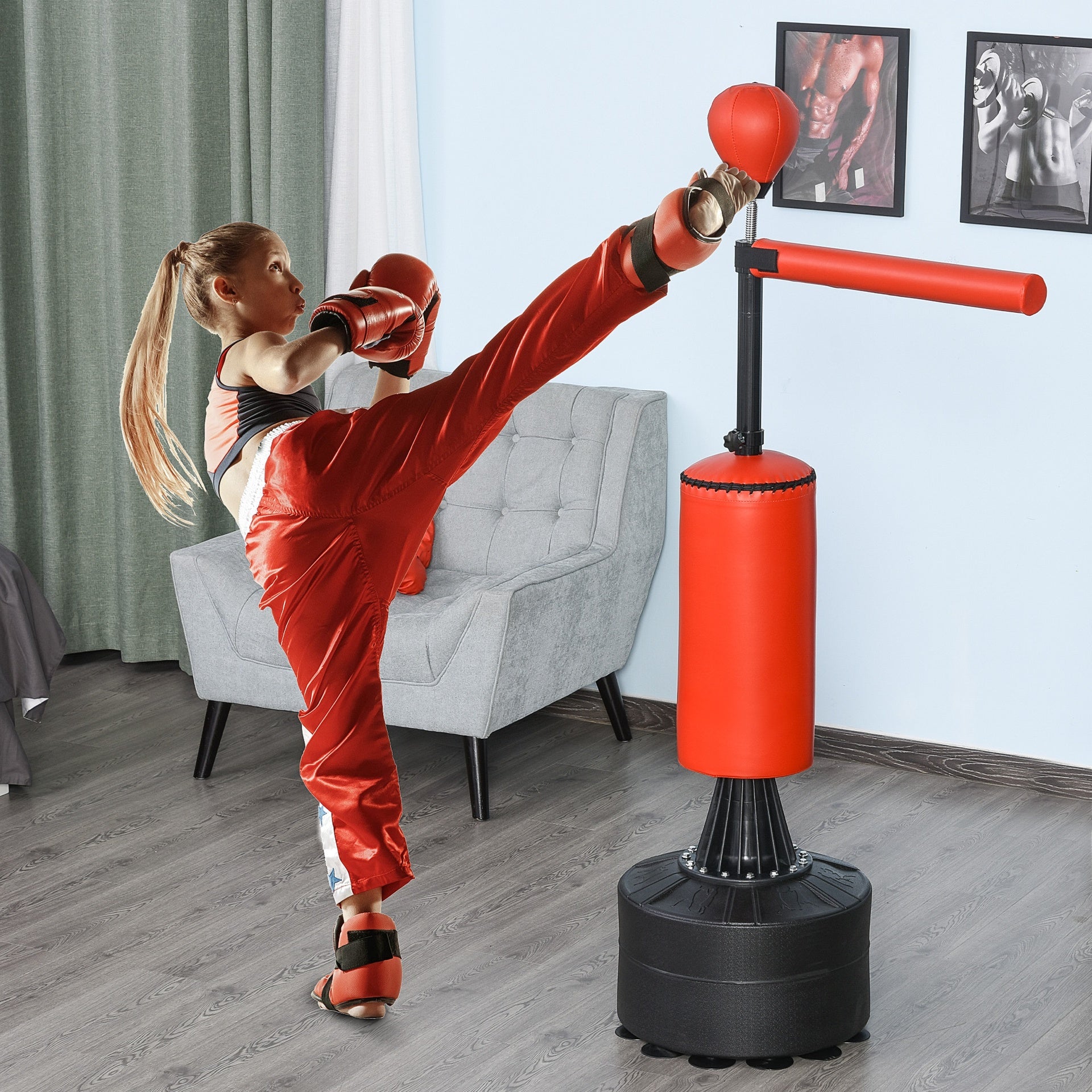 Soozier Boxing Bag, Freestanding Punching Bag with Speed Ball, Rotating Boxing Bar and Gloves, Weighted Base