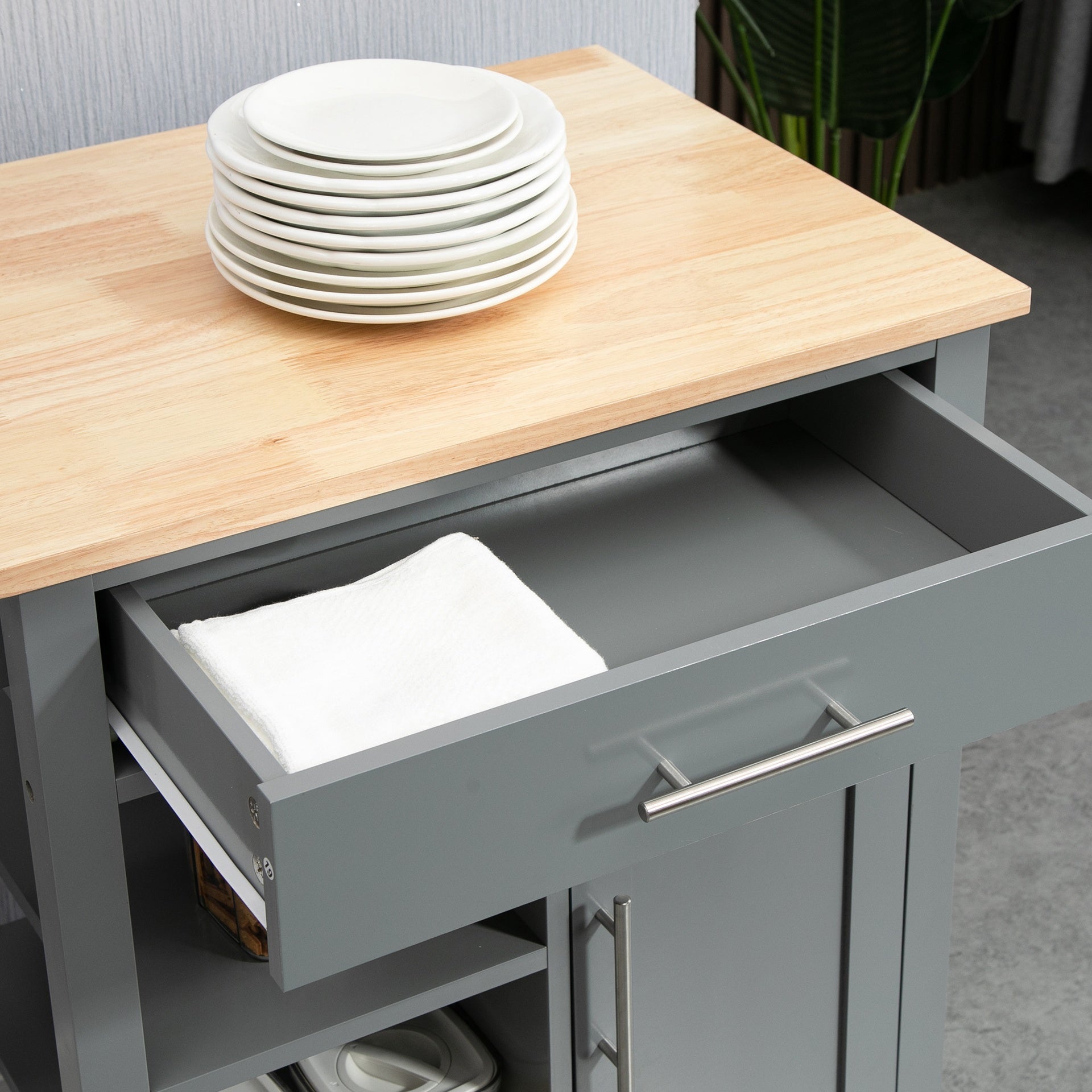 HOMCOM Kitchen Island Cart, Rolling Kitchen Island with Storage Shelf, Solid Wood Top, Drawer, for Dining Room, Gray