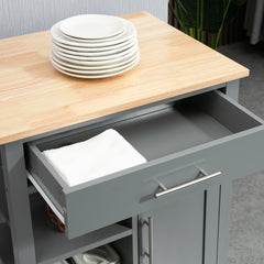 HOMCOM Kitchen Island Cart, Rolling Kitchen Island with Storage Shelf, Solid Wood Top, Drawer, for Dining Room, Gray