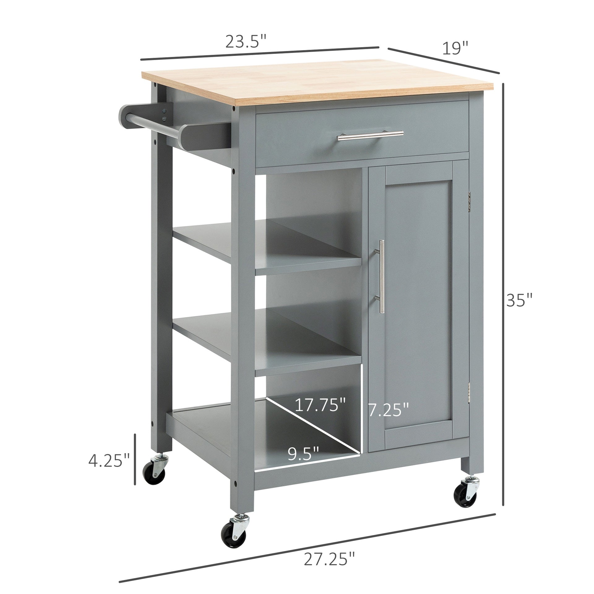 HOMCOM Kitchen Island Cart, Rolling Kitchen Island with Storage Shelf, Solid Wood Top, Drawer, for Dining Room, Gray