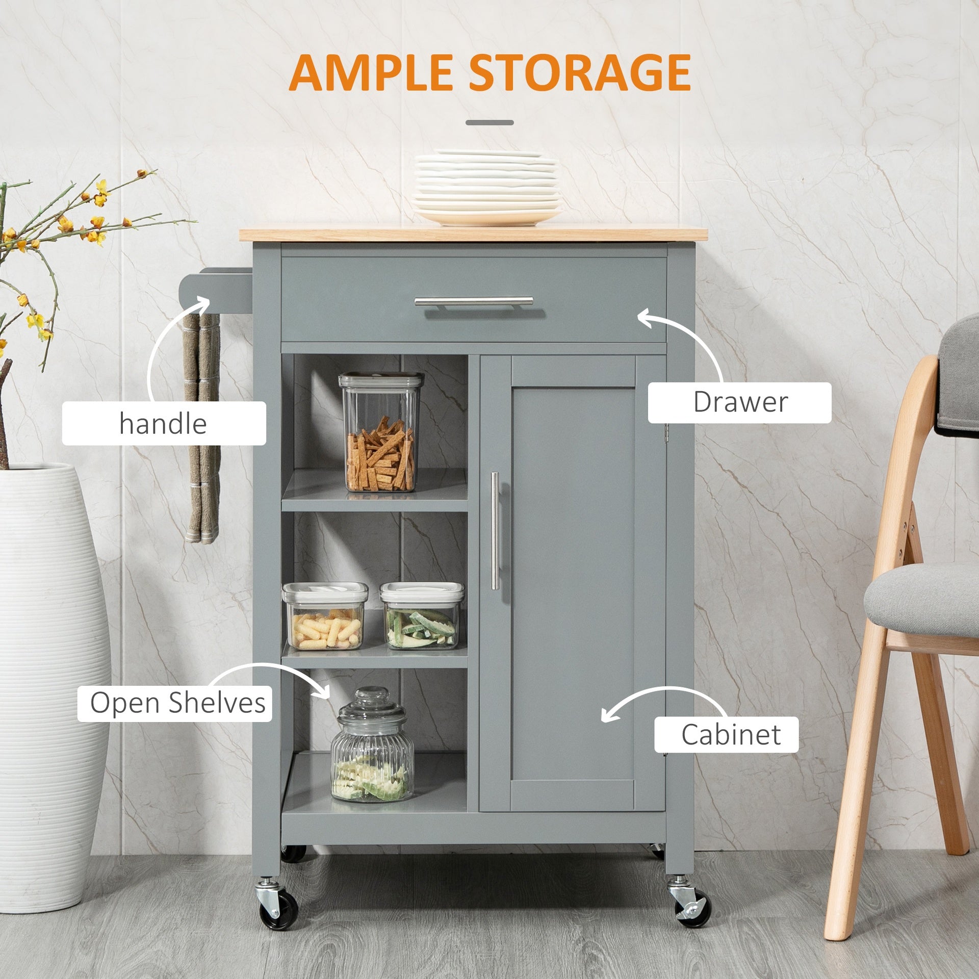 HOMCOM Kitchen Island Cart, Rolling Kitchen Island with Storage Shelf, Solid Wood Top, Drawer, for Dining Room, Gray