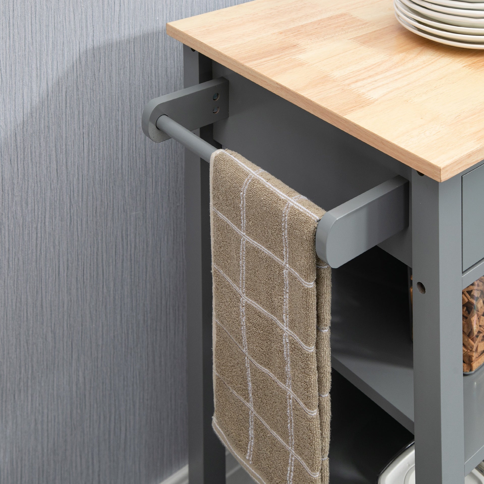HOMCOM Kitchen Island Cart, Rolling Kitchen Island with Storage Shelf, Solid Wood Top, Drawer, for Dining Room, Gray