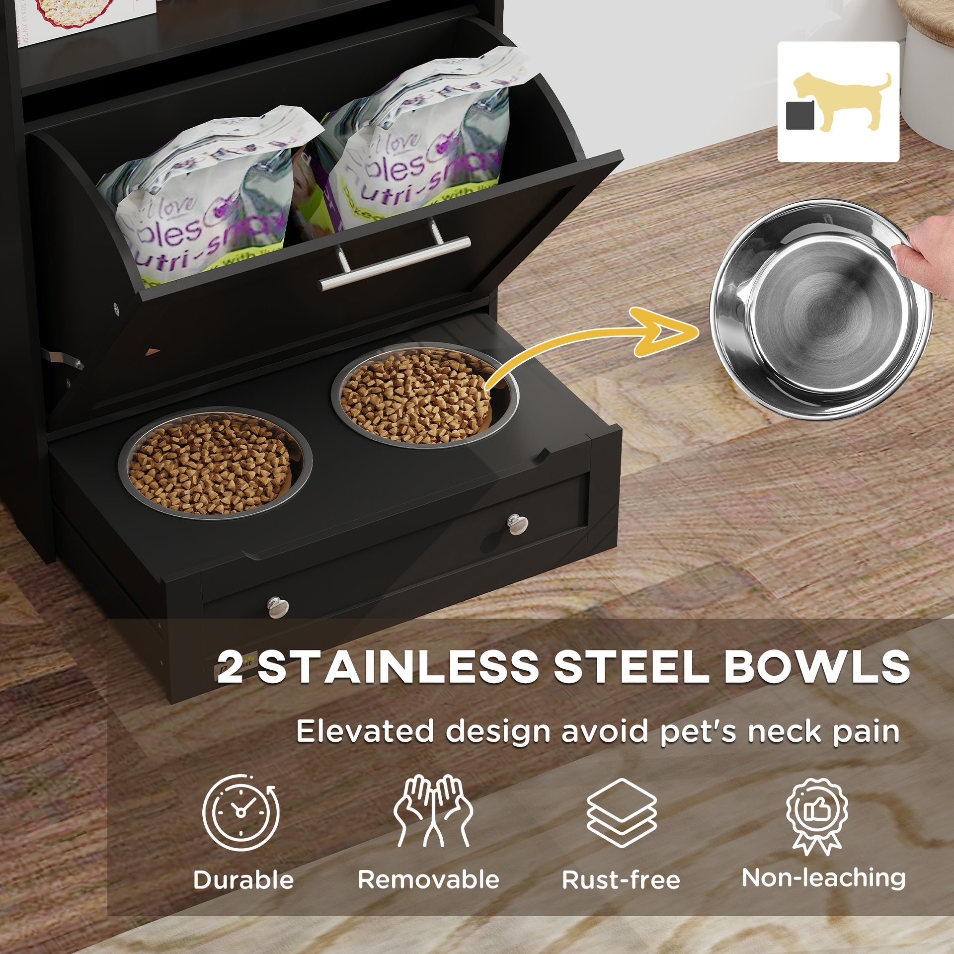 PawHut Pet Feeder Station Storage Cabinet, Dog Food Storage Container with Dog Raised Bowls, Watering Supplies, Black