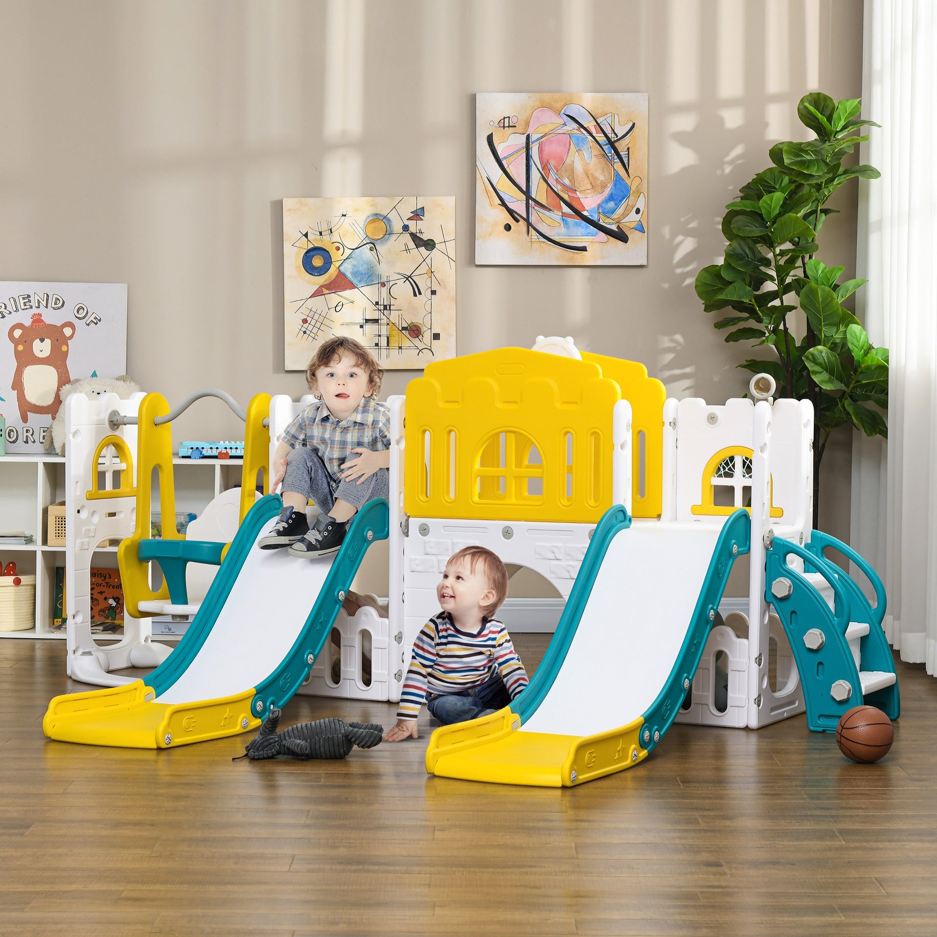 Qaba 8 in 1 Toddler Slide and Swing Set w/ 2 Slides, Basketball Hoop, Climber, Storage Space Telescope, Yellow