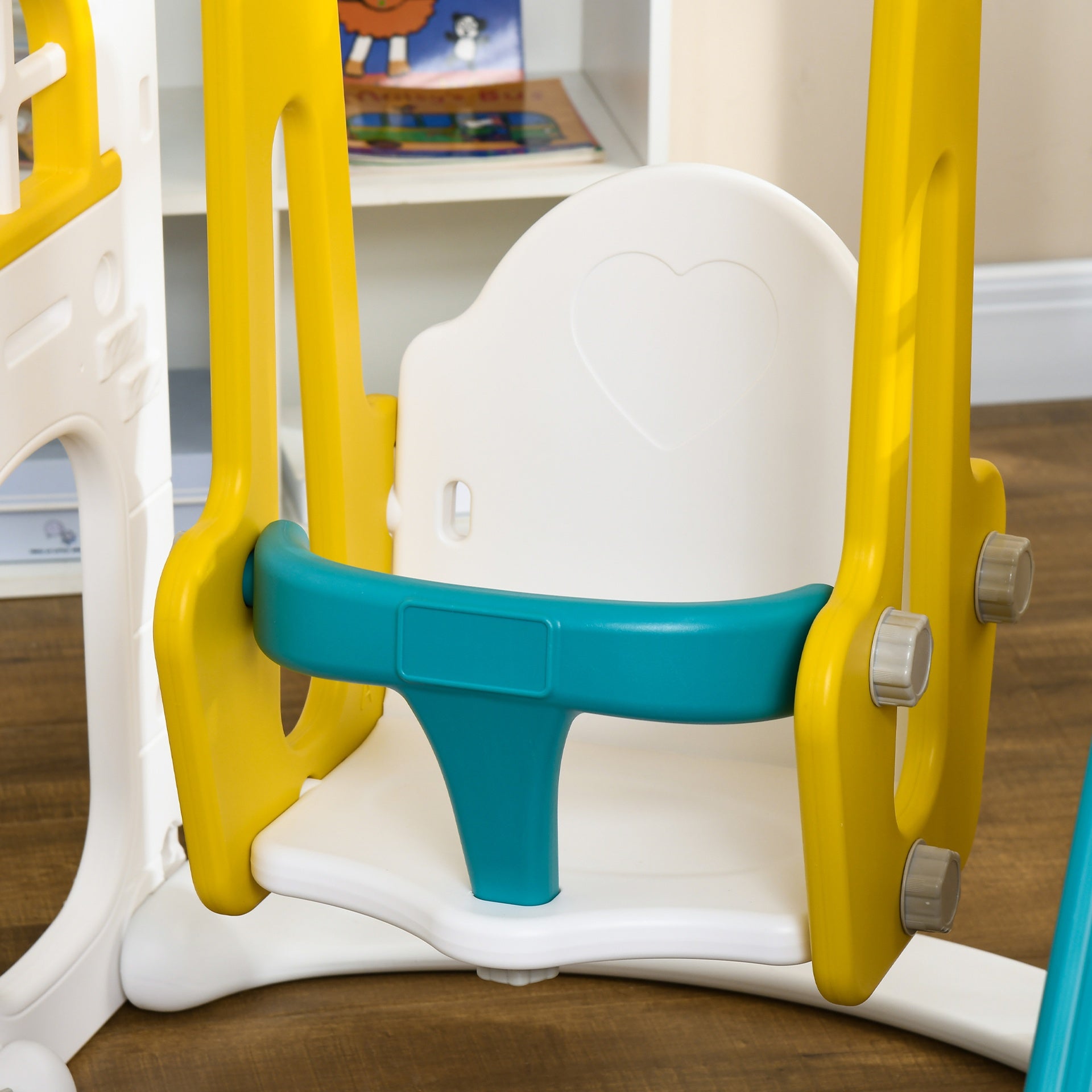 Qaba 8 in 1 Toddler Slide and Swing Set w/ 2 Slides, Basketball Hoop, Climber, Storage Space Telescope, Yellow