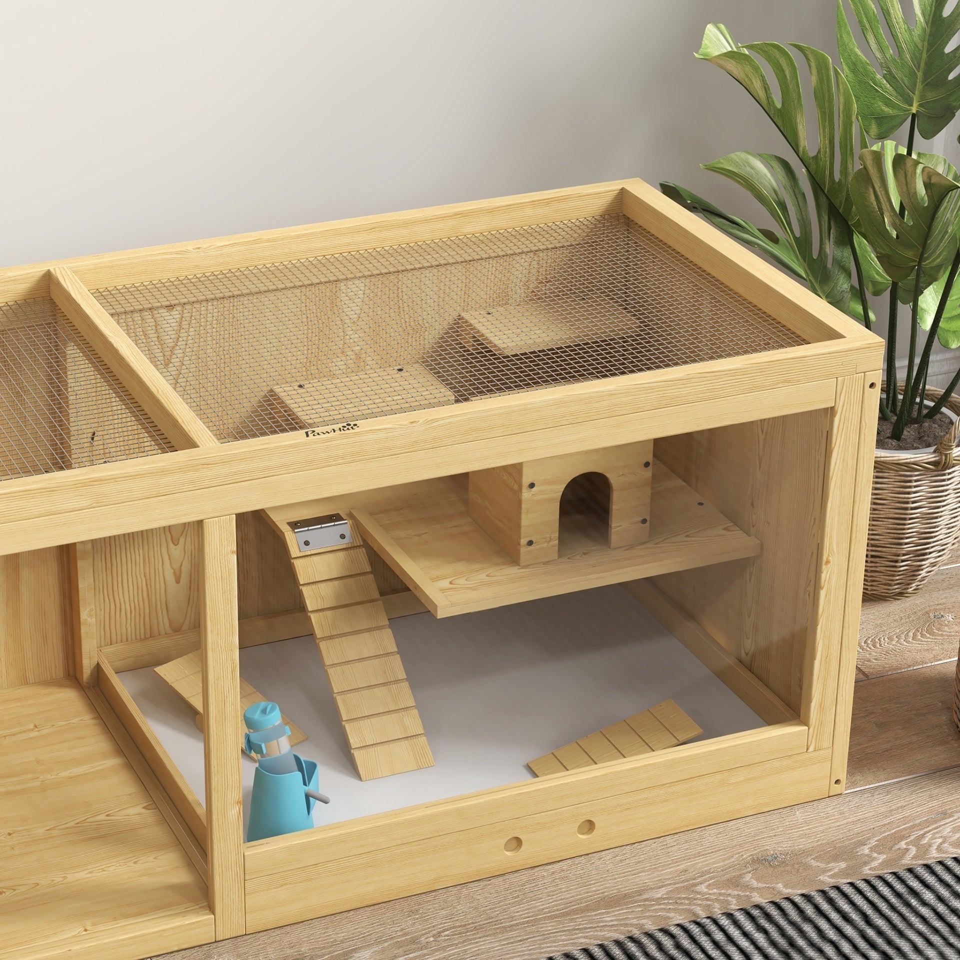 PawHut Extra Large Wooden Hamster Cage with Pull-out Tray, Seesaws, Ladder