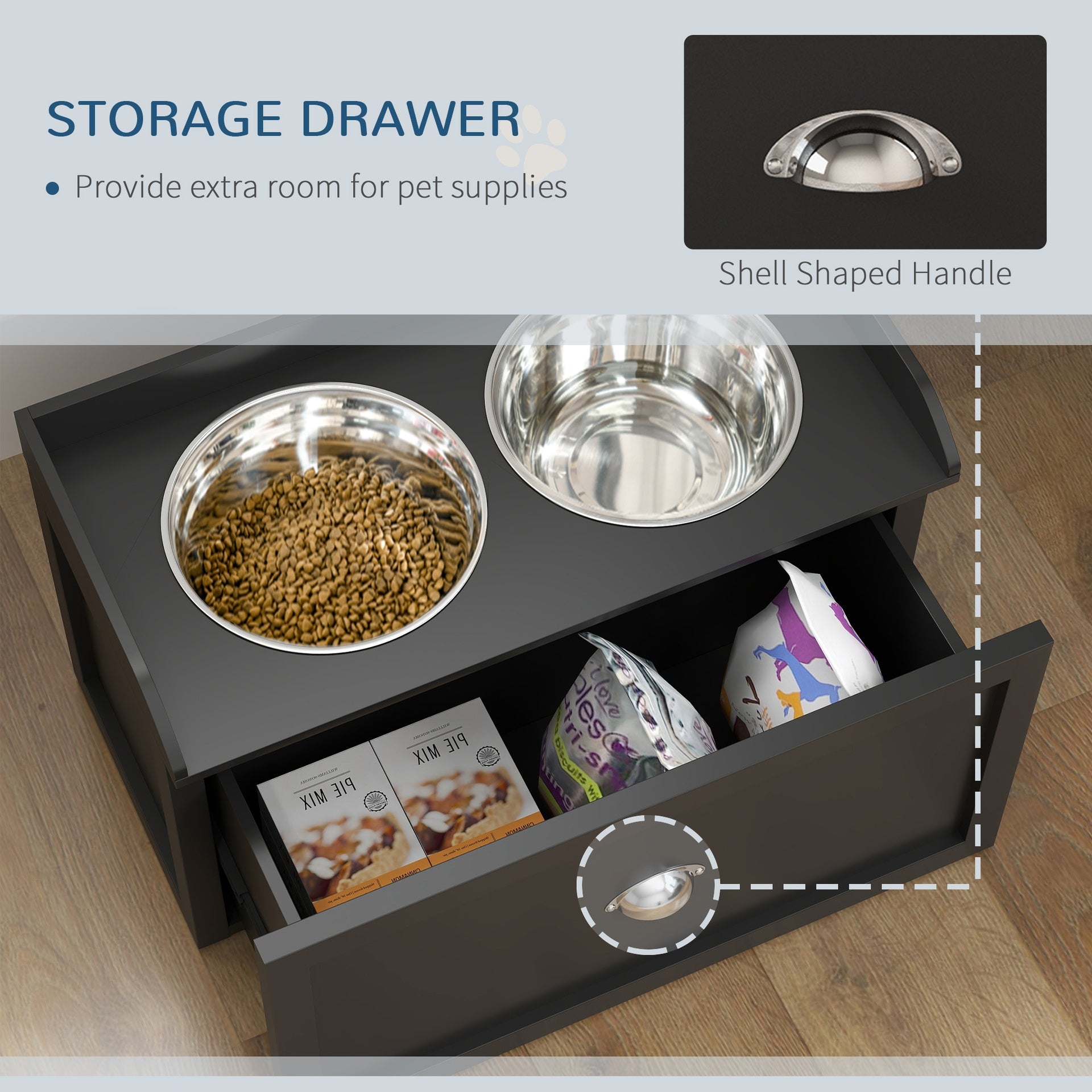 PawHut Pet Feeding Station Pet Dish Bowl Set with Storage, 2 Elevated Dog Bowls for Large Sized Dogs, Black