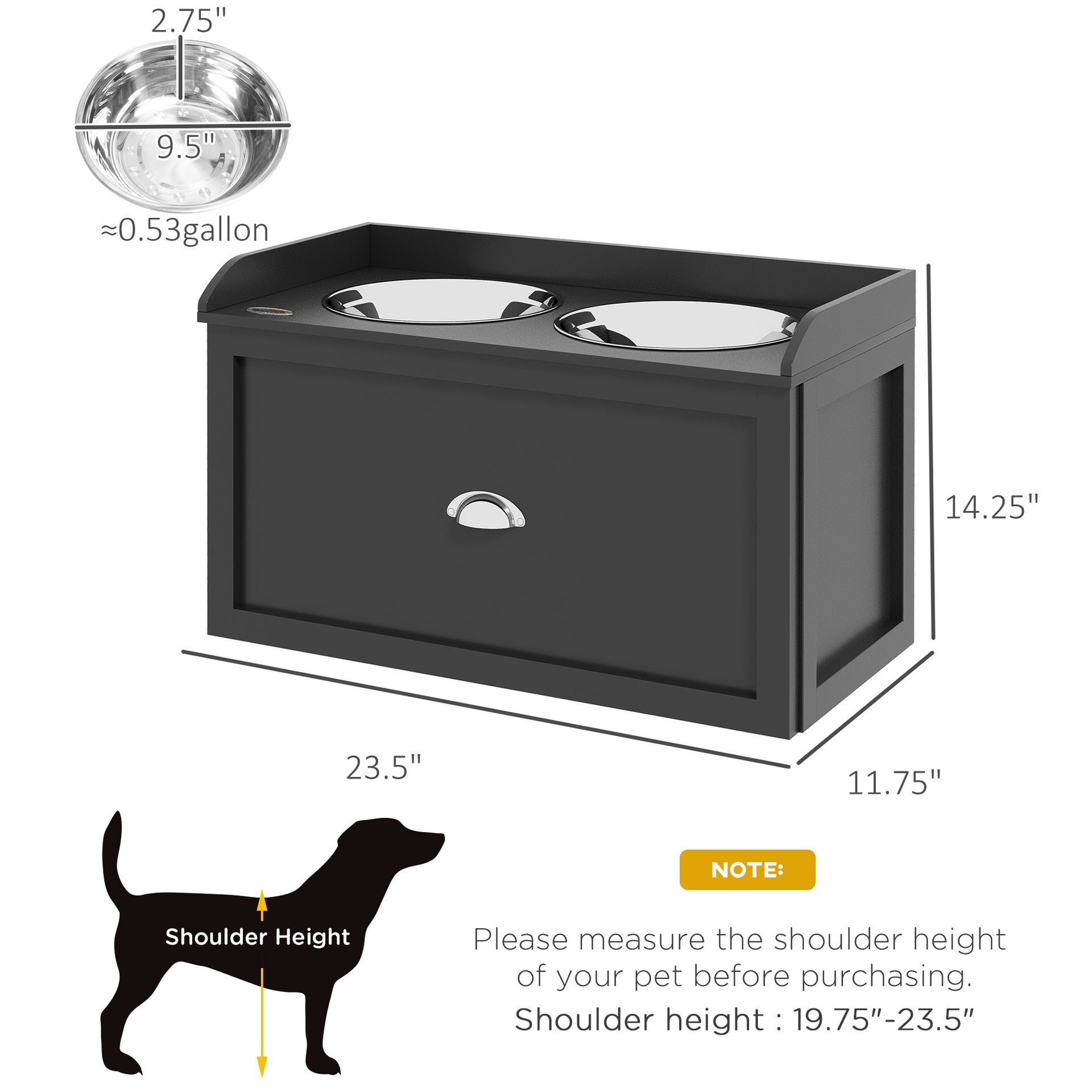 PawHut Pet Feeding Station Pet Dish Bowl Set with Storage, 2 Elevated Dog Bowls for Large Sized Dogs, Black