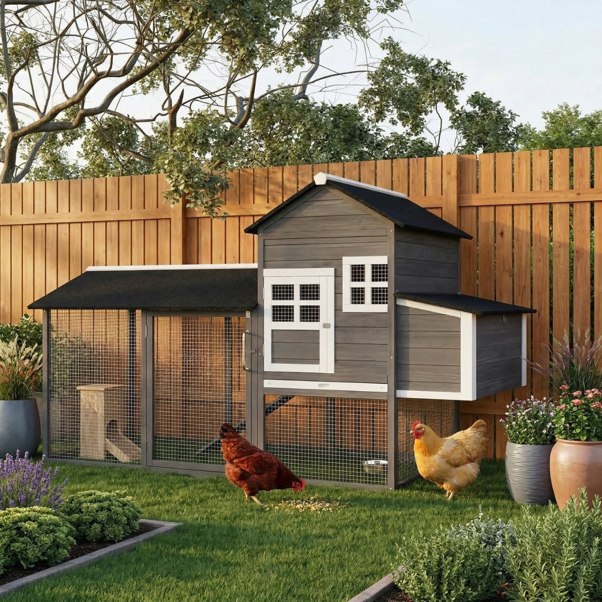 PawHut 84" Wooden Chicken Coop, Hen House Outdoor with Run Nesting Box, Asphalt Roof, Removable Tray, Ramp, Poultry Cage for 2-3 Chickens, Gray