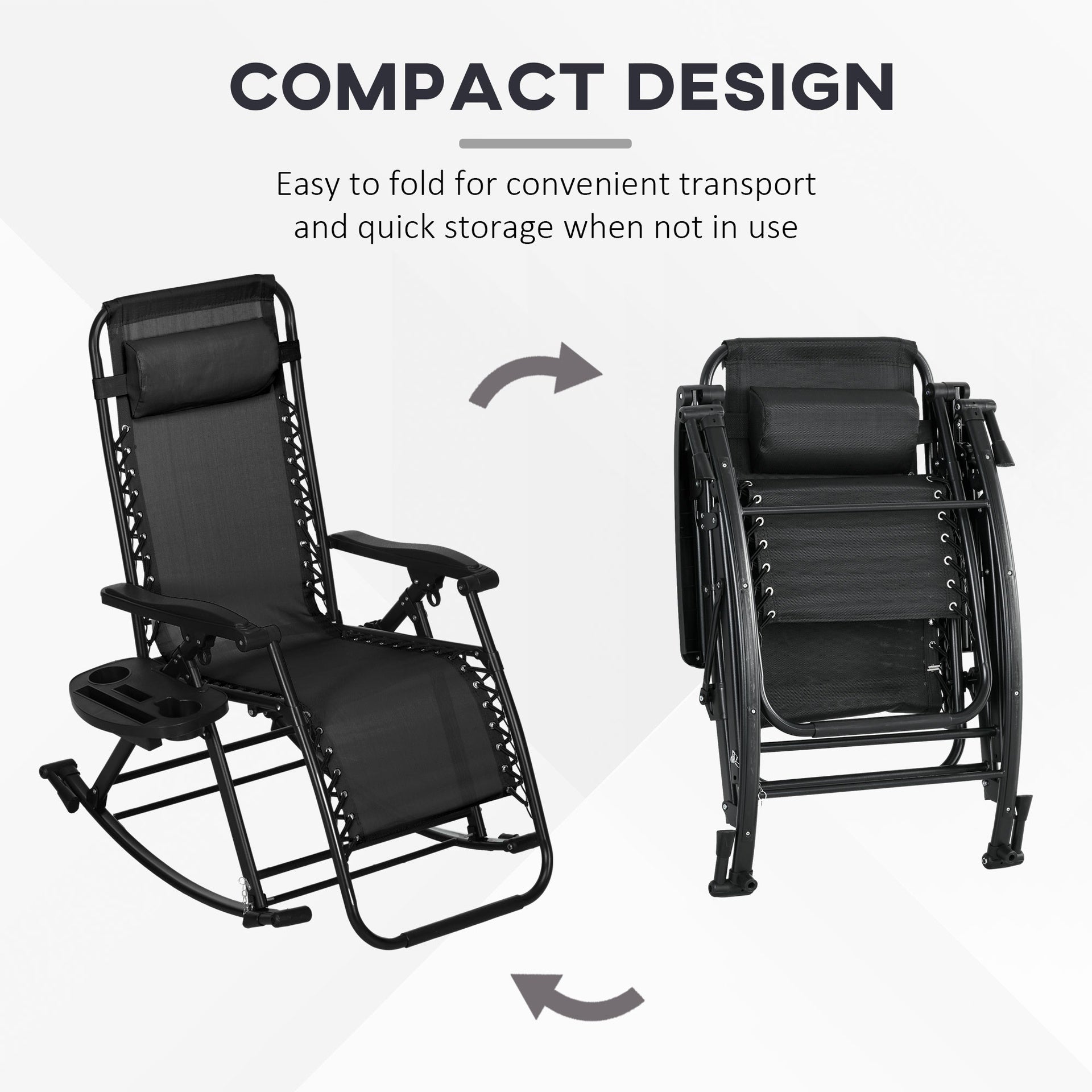 Outsunny 2 Outdoor Rocking Chairs Foldable Reclining Zero Gravity Lounge Rockers w/ Pillow Cup & Phone Holder, Black