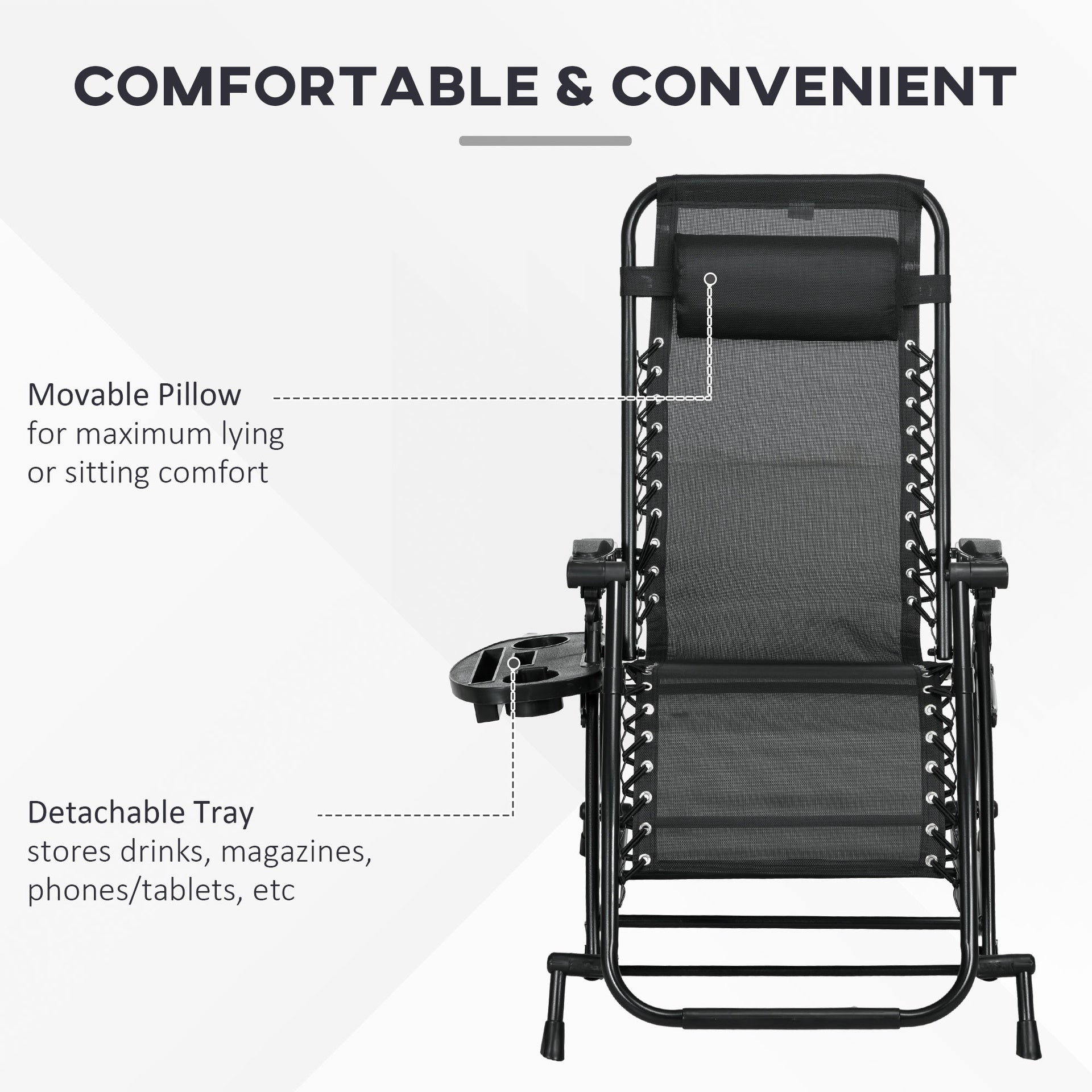 Outsunny 2 Outdoor Rocking Chairs Foldable Reclining Zero Gravity Lounge Rockers w/ Pillow Cup & Phone Holder, Black