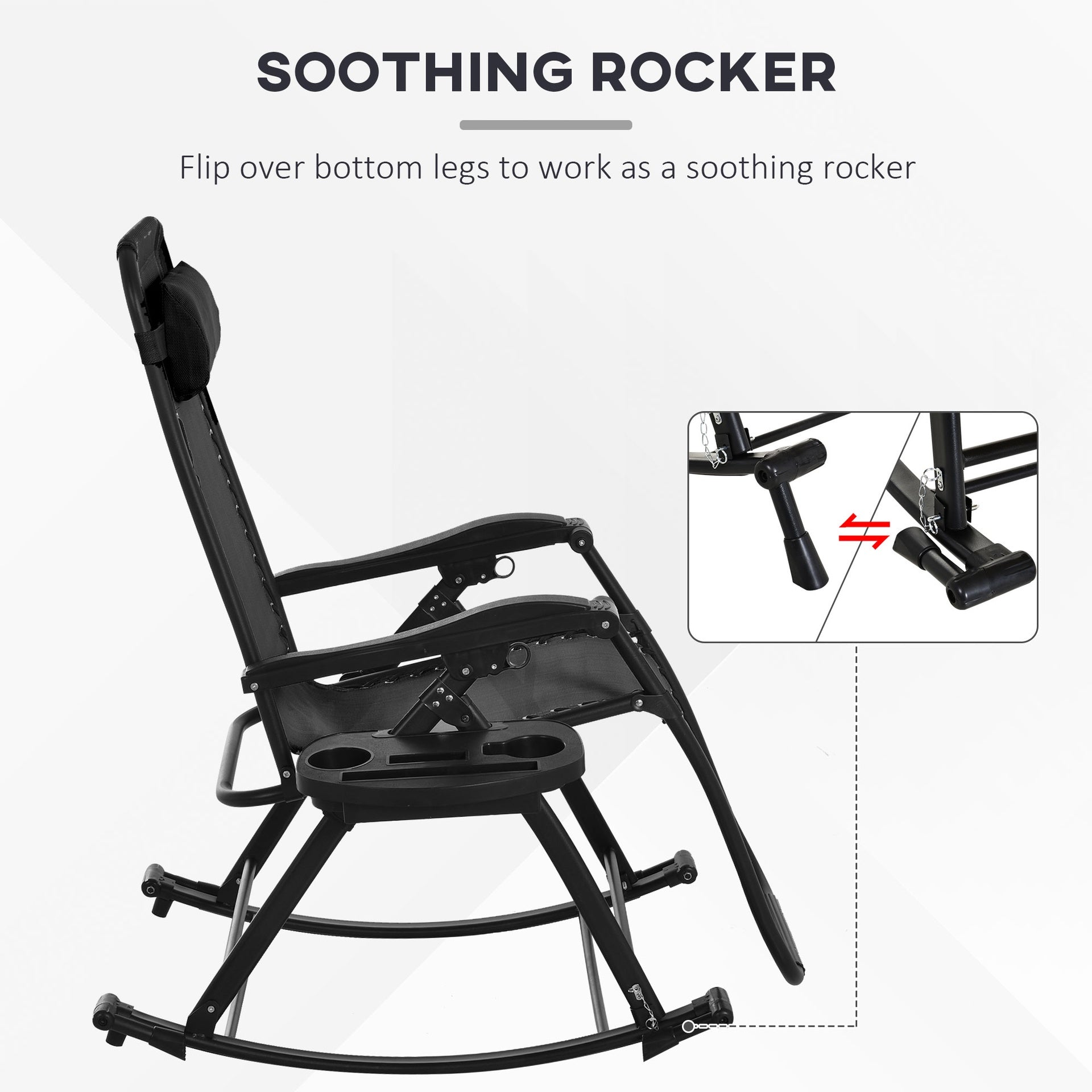 Outsunny 2 Outdoor Rocking Chairs Foldable Reclining Zero Gravity Lounge Rockers w/ Pillow Cup & Phone Holder, Black