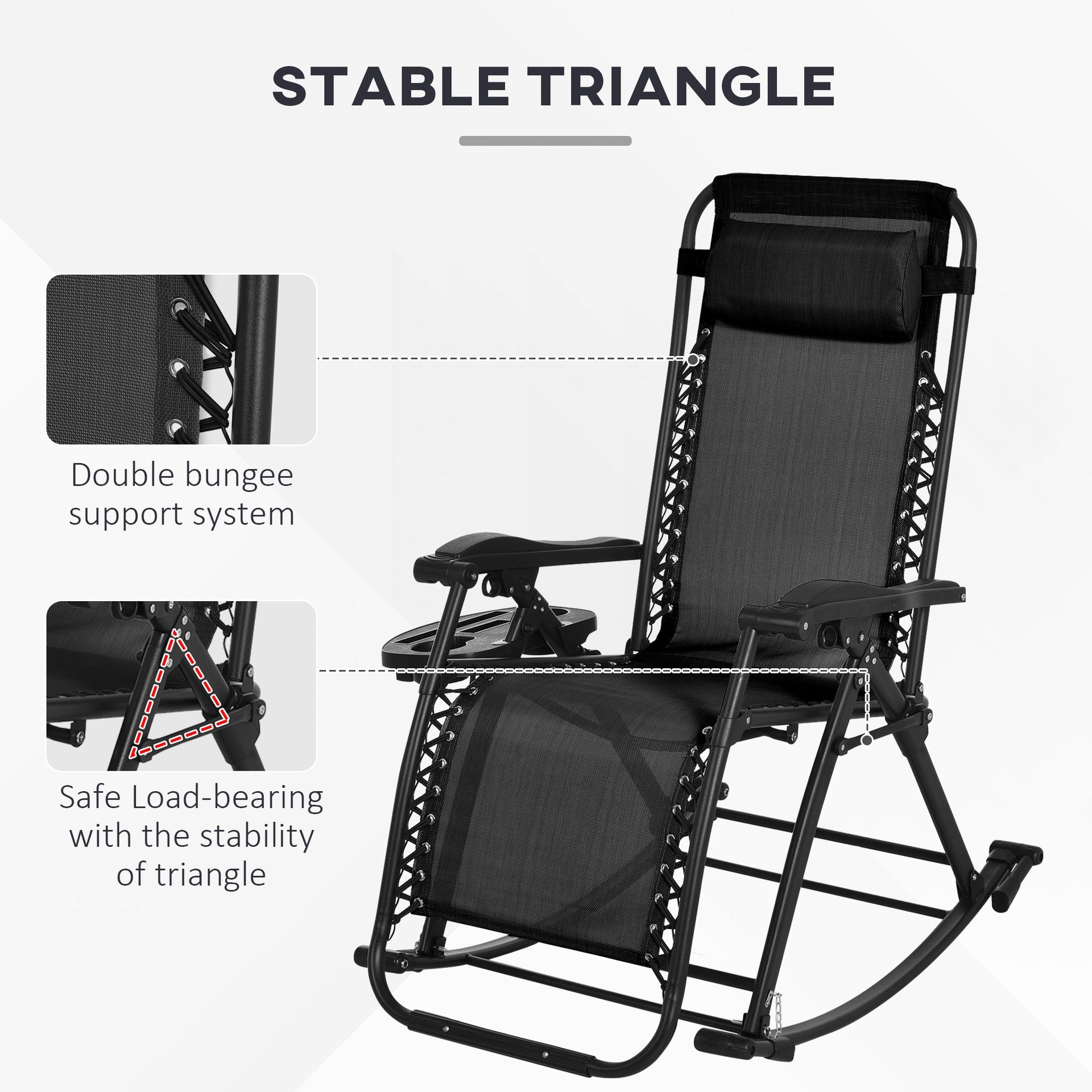 Outsunny 2 Outdoor Rocking Chairs Foldable Reclining Zero Gravity Lounge Rockers w/ Pillow Cup & Phone Holder, Black