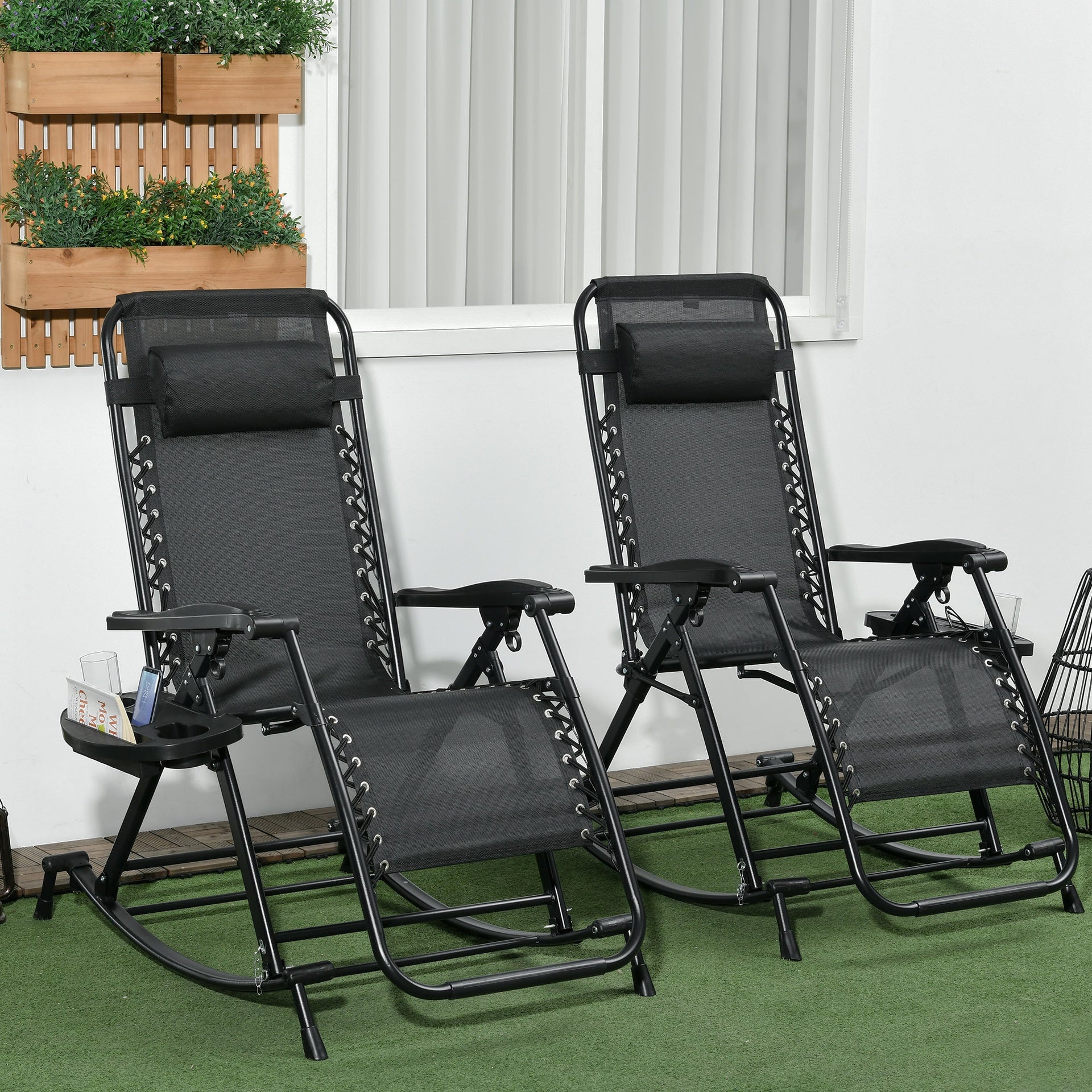 Outsunny 2 Outdoor Rocking Chairs Foldable Reclining Zero Gravity Lounge Rockers w/ Pillow Cup & Phone Holder, Black