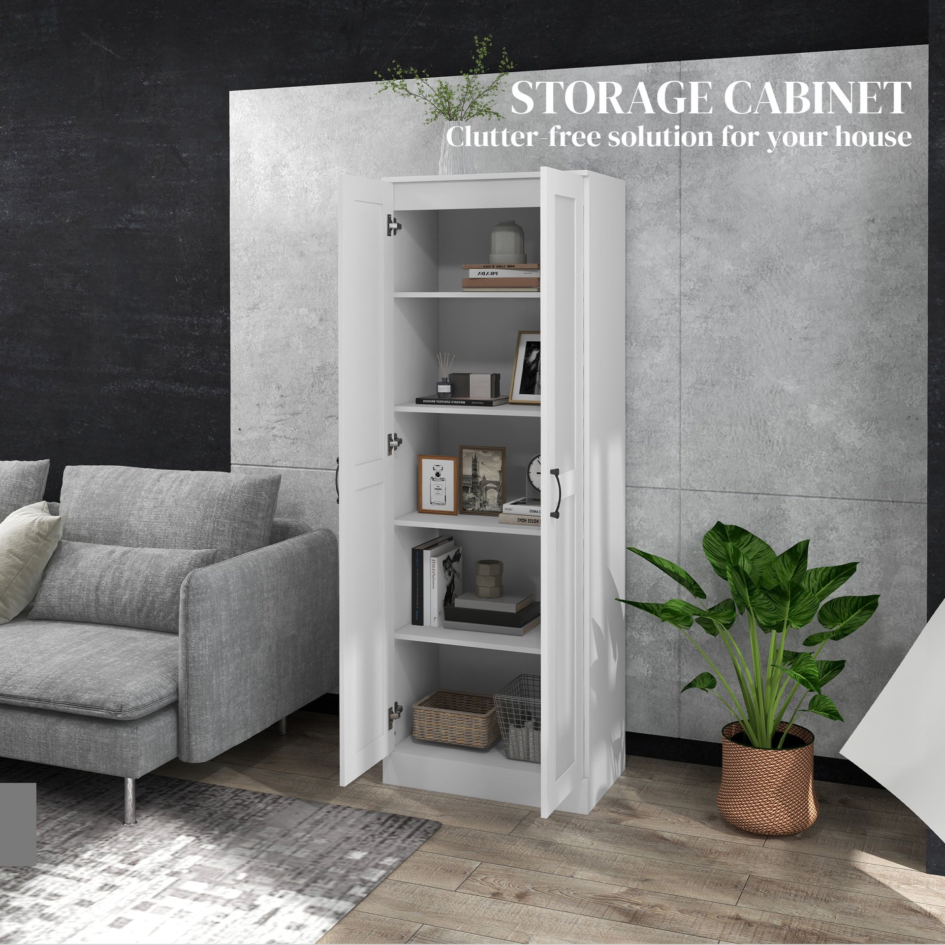 HOMCOM White Storage Cabinet with Adjustable Shelves and Tall Design, for Kitchen Storage , Perfect for Home Use and Family Organization