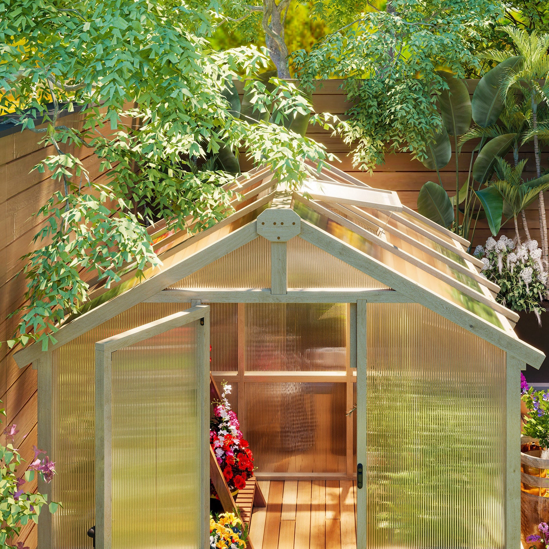 Outsunny 6.6 x 8 ft. Polycarbonate Greenhouse Wooden Walk-in Greenhouse Kit with Thickened Panels, Roof Vent, and Lockable Door