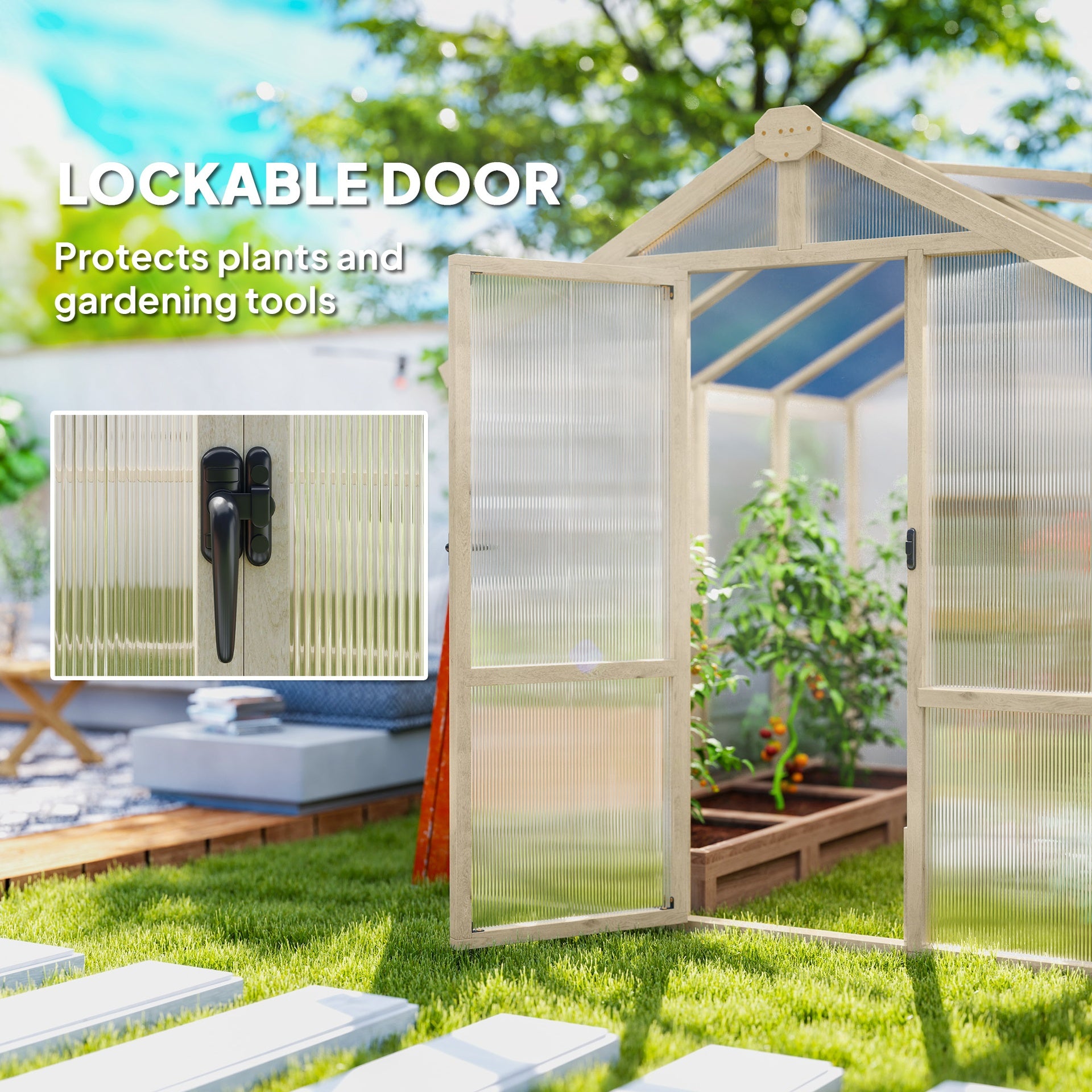 Outsunny 6.6 x 8 ft. Polycarbonate Greenhouse Wooden Walk-in Greenhouse Kit with Thickened Panels, Roof Vent, and Lockable Door