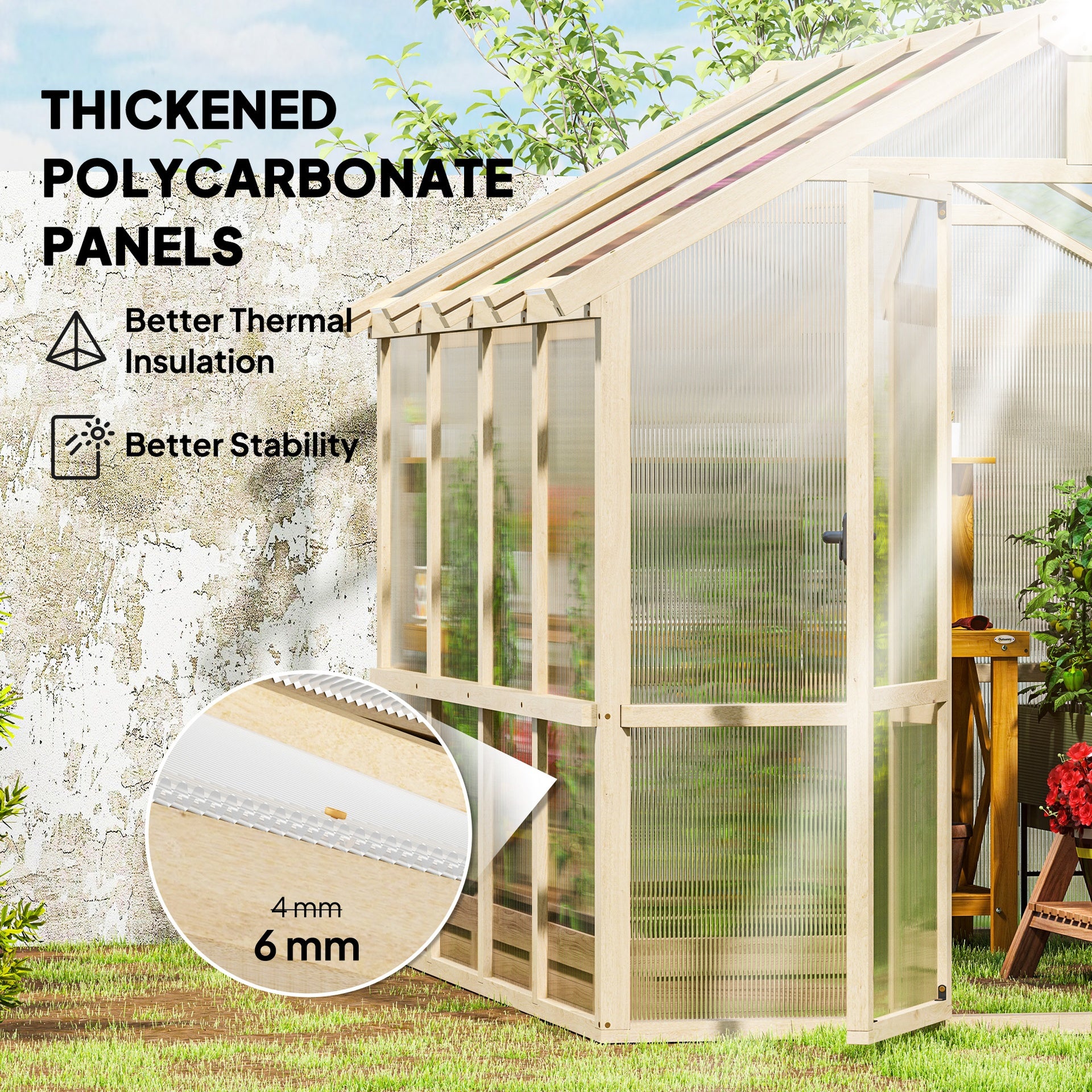 Outsunny 6.6 x 8 ft. Polycarbonate Greenhouse Wooden Walk-in Greenhouse Kit with Thickened Panels, Roof Vent, and Lockable Door
