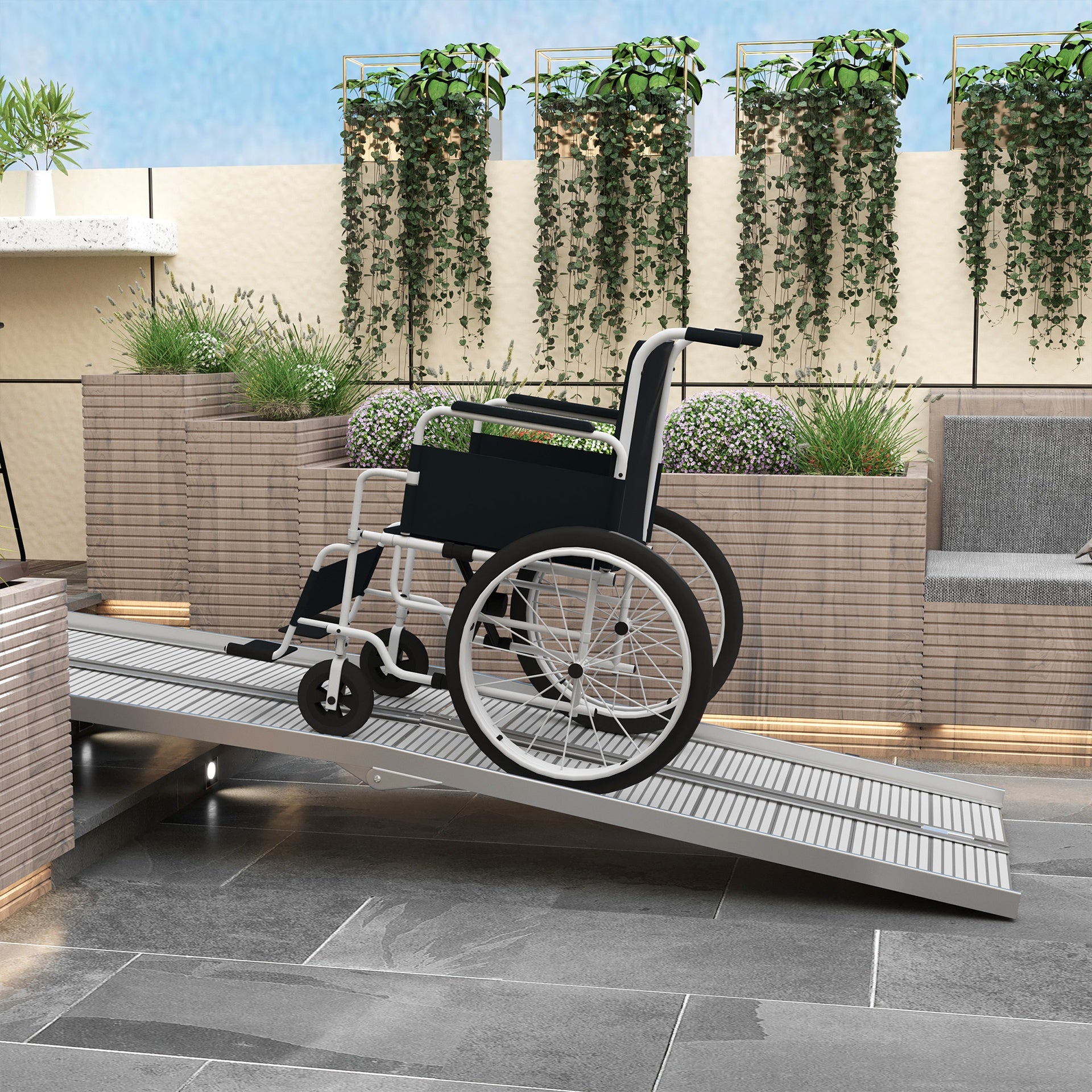 HOMCOM 8' Foldable Handicap Ramp for Home, Steps, Doorways, Aluminum Portable Wheelchair Ramp, Textured Threshold Ramp, Silver