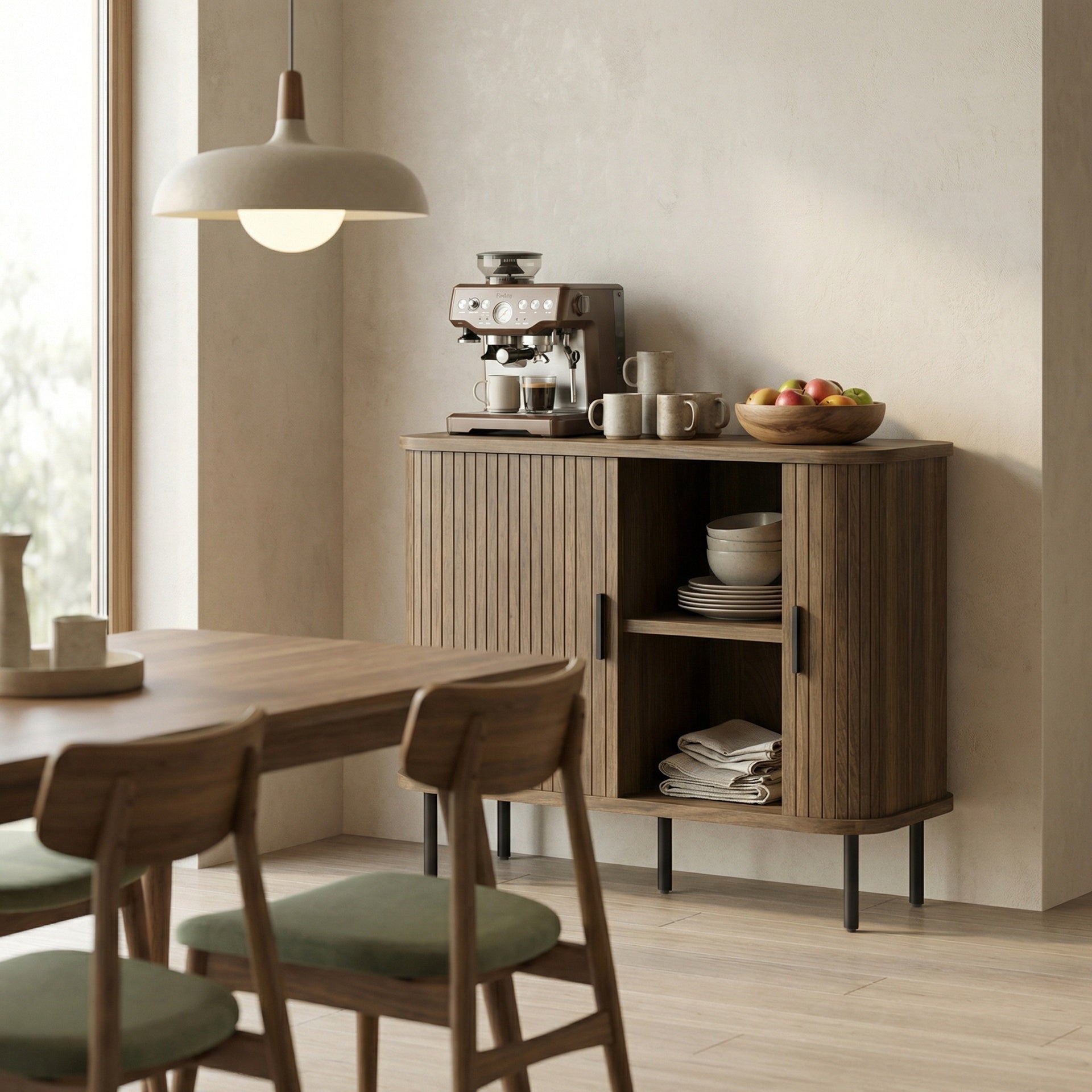 HOMCOM 35.4" Sideboard Buffet Cabinet with Storage, Nordic Coffee Bar Cabinet with Slatted Tambour Doors and Metal Legs, Walnut