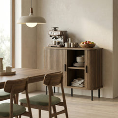 HOMCOM 35.4" Sideboard Buffet Cabinet with Storage, Nordic Coffee Bar Cabinet with Slatted Tambour Doors and Metal Legs, Walnut