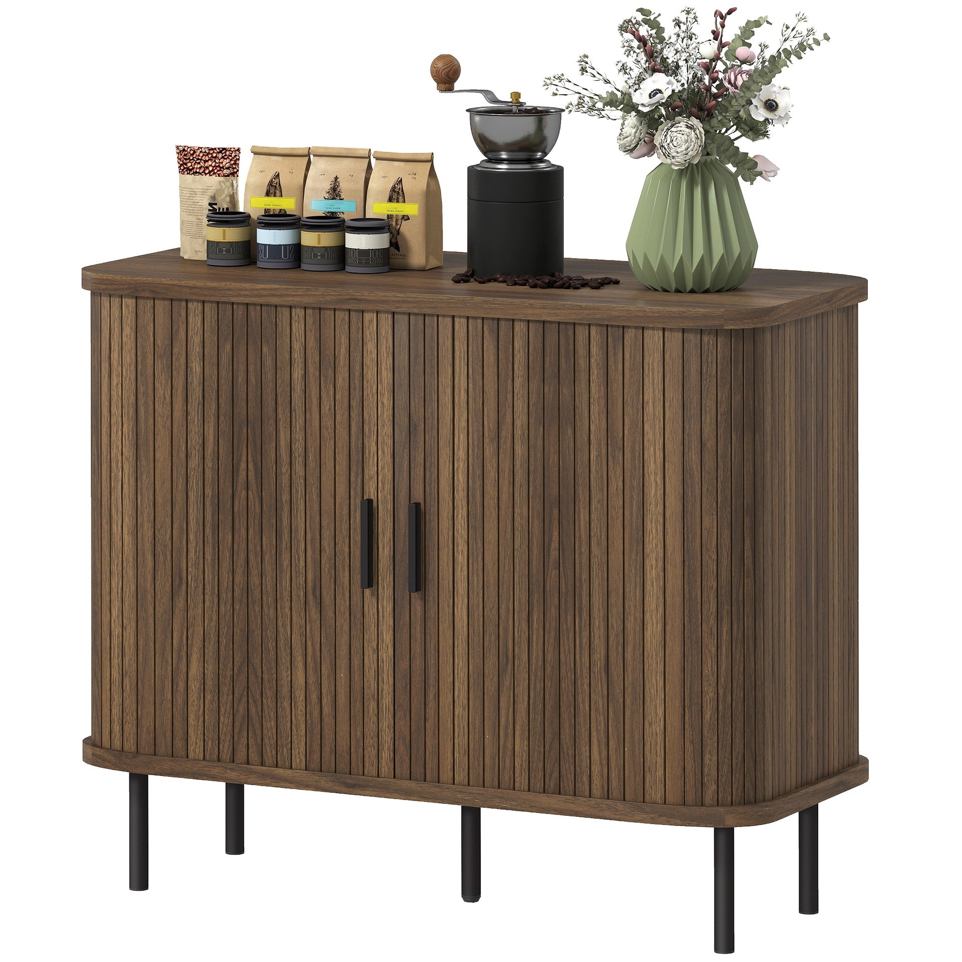 HOMCOM 35.4" Sideboard Buffet Cabinet with Storage, Nordic Coffee Bar Cabinet with Slatted Tambour Doors and Metal Legs, Walnut