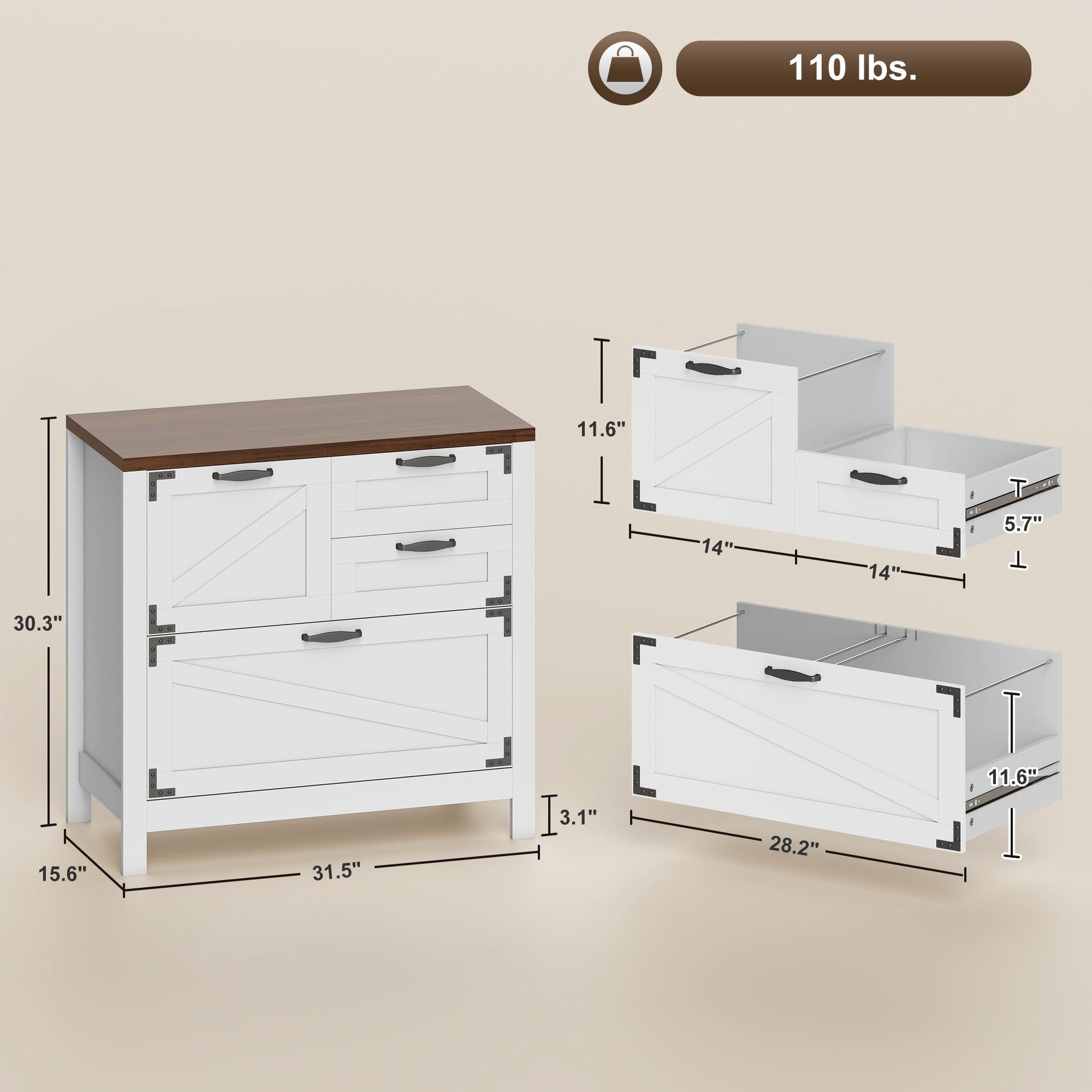HOMCOM Lateral Filing Cabinet, Farmhouse File Cabinet with 4 Drawers, Fit Letter/A4/Legal Hanging Files, White