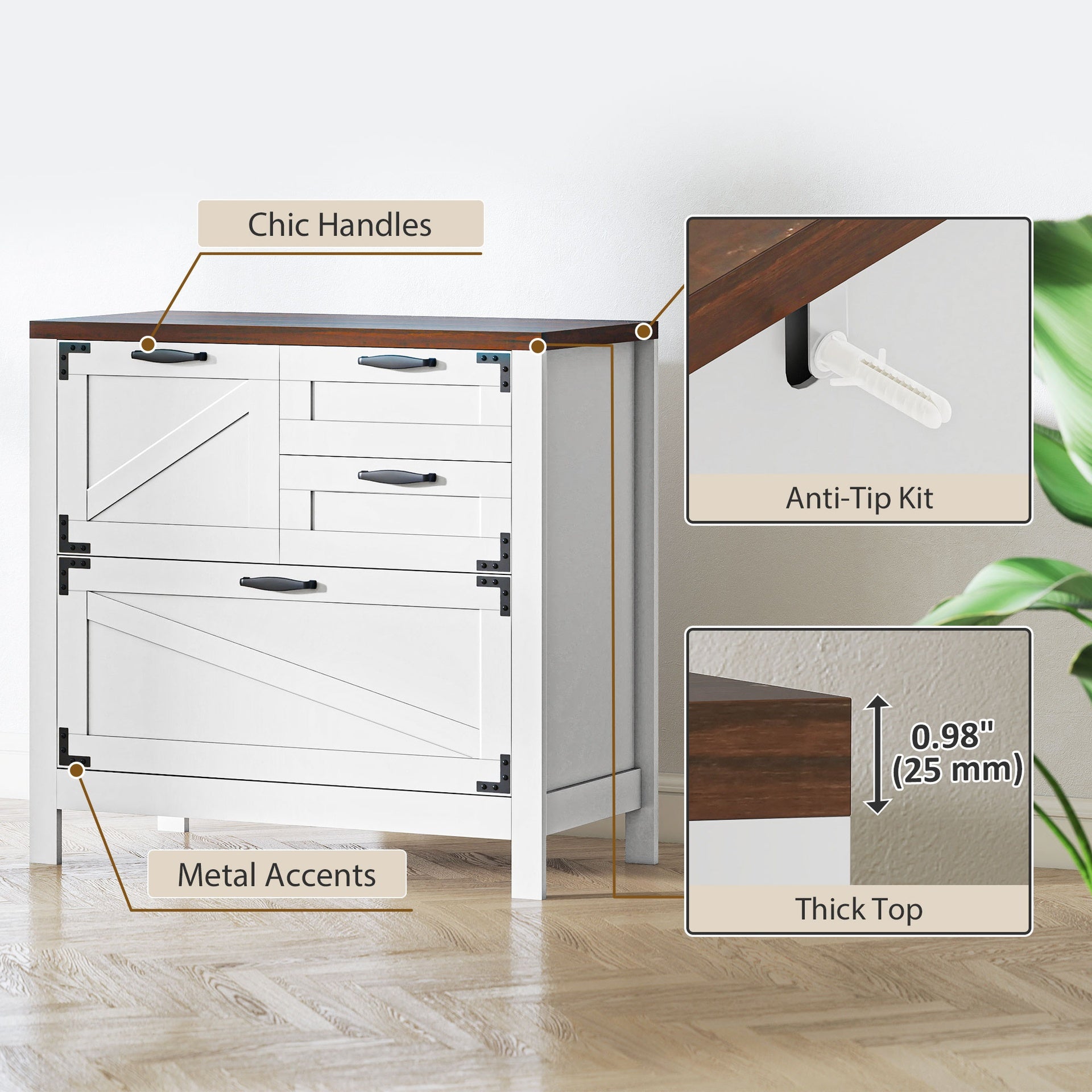 HOMCOM Lateral Filing Cabinet, Farmhouse File Cabinet with 4 Drawers, Fit Letter/A4/Legal Hanging Files, White