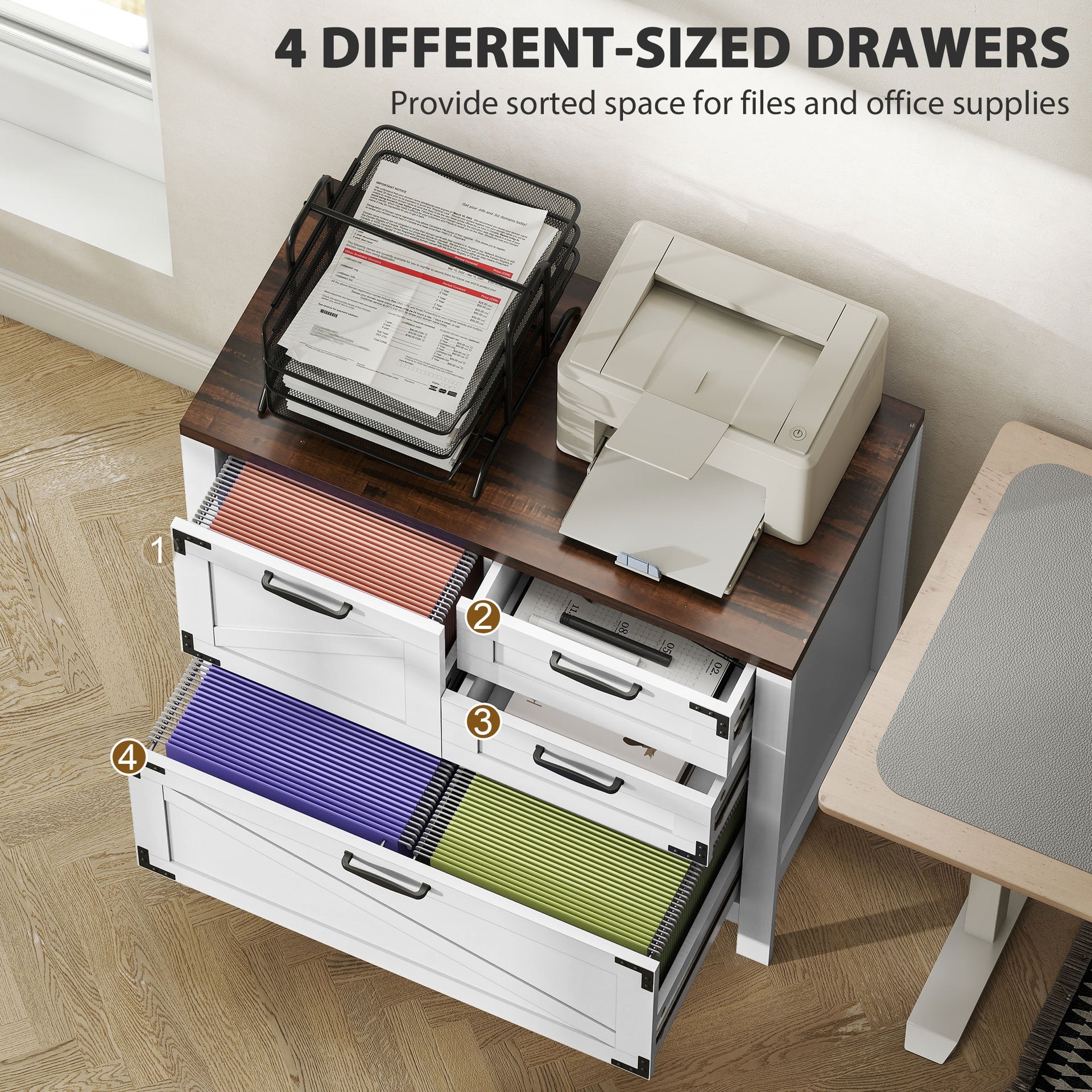 HOMCOM Lateral Filing Cabinet, Farmhouse File Cabinet with 4 Drawers, Fit Letter/A4/Legal Hanging Files, White