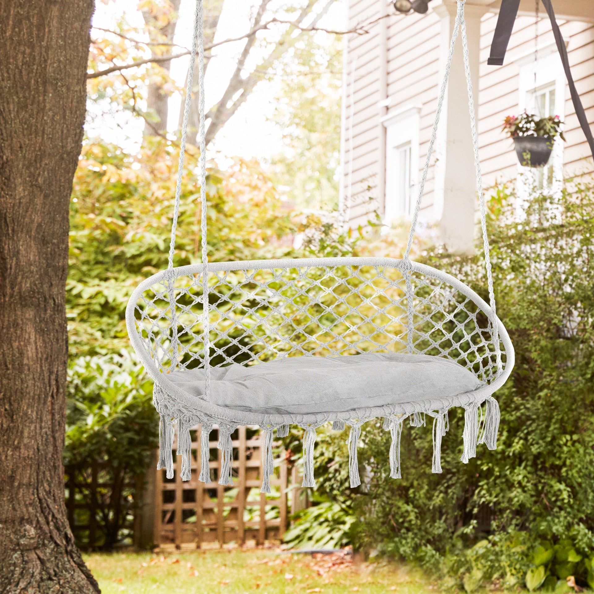 Outsunny 2-Person Hammock Chair Macrame Swing with Soft Cushion, Hanging Cotton Rope Chair for Indoor Outdoor Home Patio Backyard, Light Gray