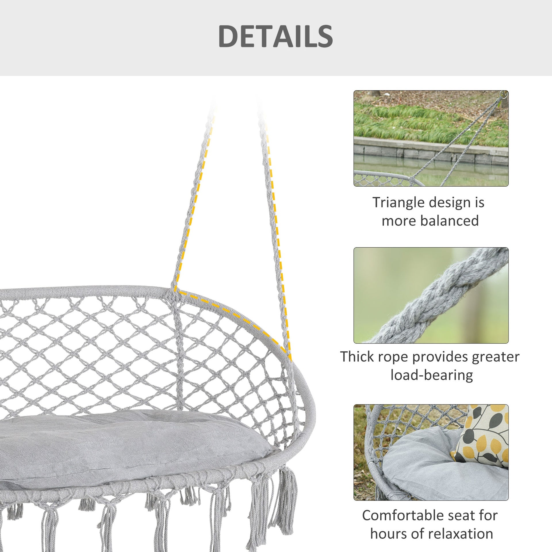 Outsunny 2-Person Hammock Chair Macrame Swing with Soft Cushion, Hanging Cotton Rope Chair for Indoor Outdoor Home Patio Backyard, Light Gray