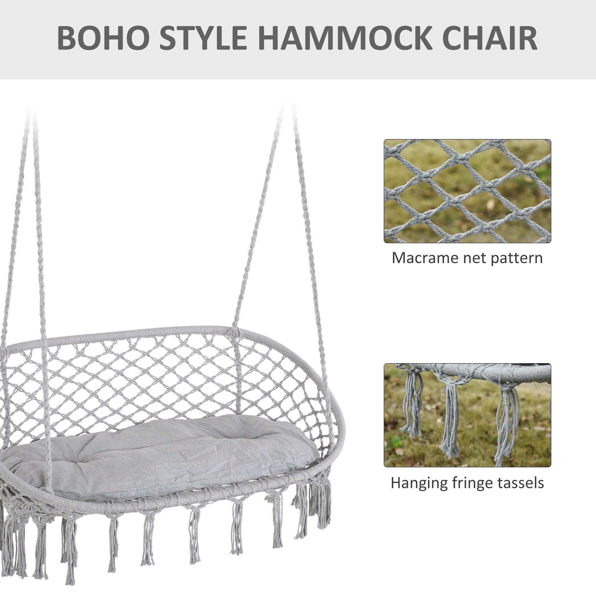 Outsunny 2-Person Hammock Chair Macrame Swing with Soft Cushion, Hanging Cotton Rope Chair for Indoor Outdoor Home Patio Backyard, Light Gray