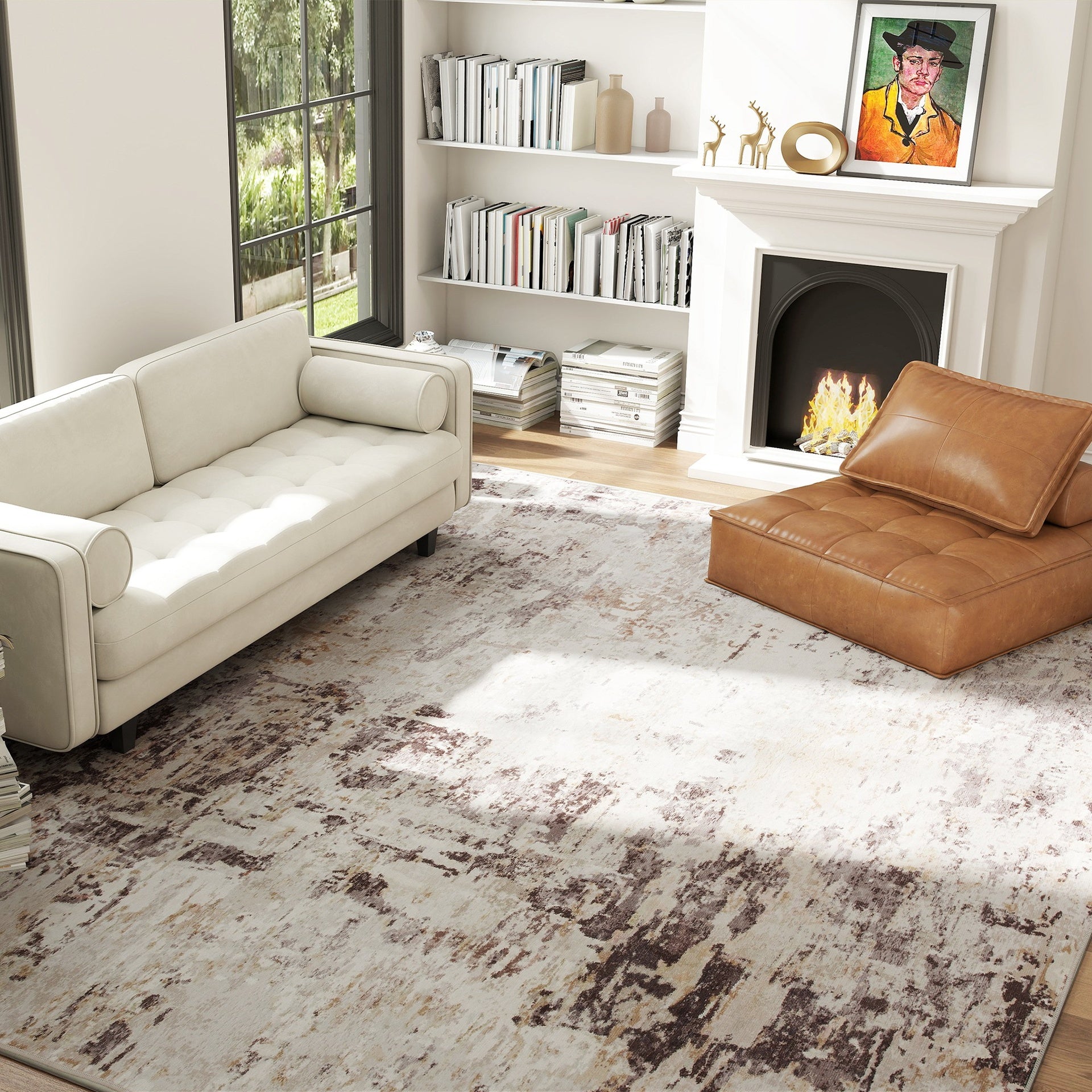 HOMCOM Machine Washable Area Rug 8x10, Non-Slip Modern Abstract Floor Carpet for Living Room, Bedroom, Dining Room, Mixed-Brown