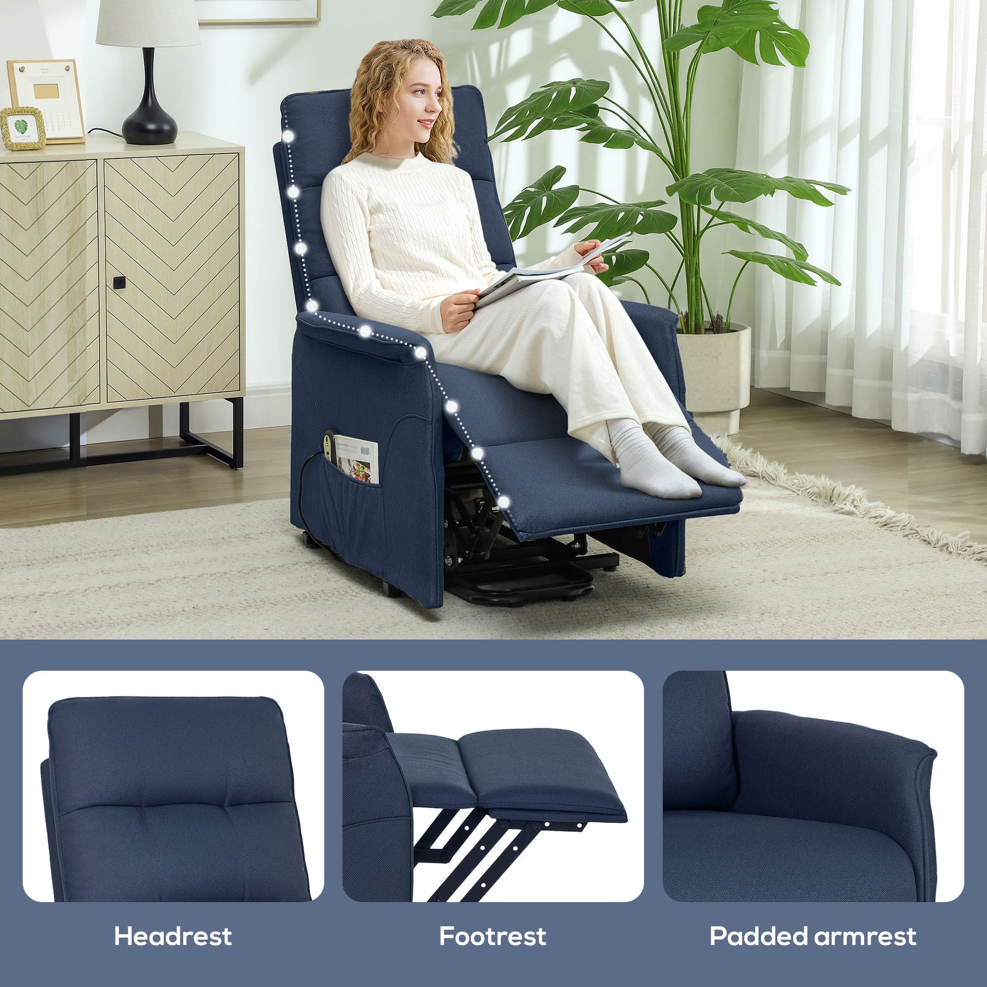 HOMCOM Power Lift Chair for Elderly, Fabric Recliner Sofa with Remote Control, Side Pockets, Quick Assembly, Deep Blue