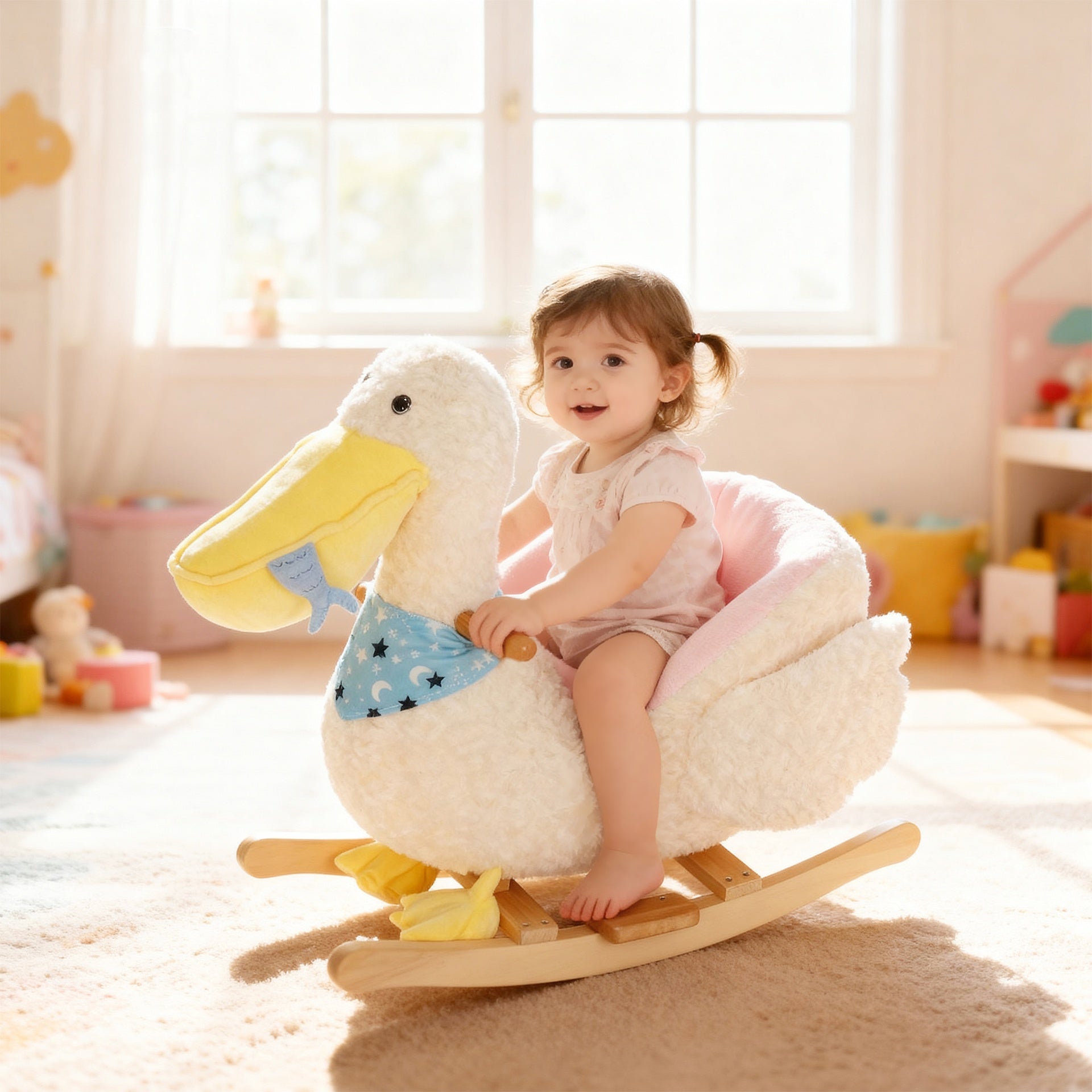 Qaba Baby Rocking Horse, Kids Ride on Pelican Rocking Horse for Toddlers 18–36 Months with Realistic Duck Sound, White