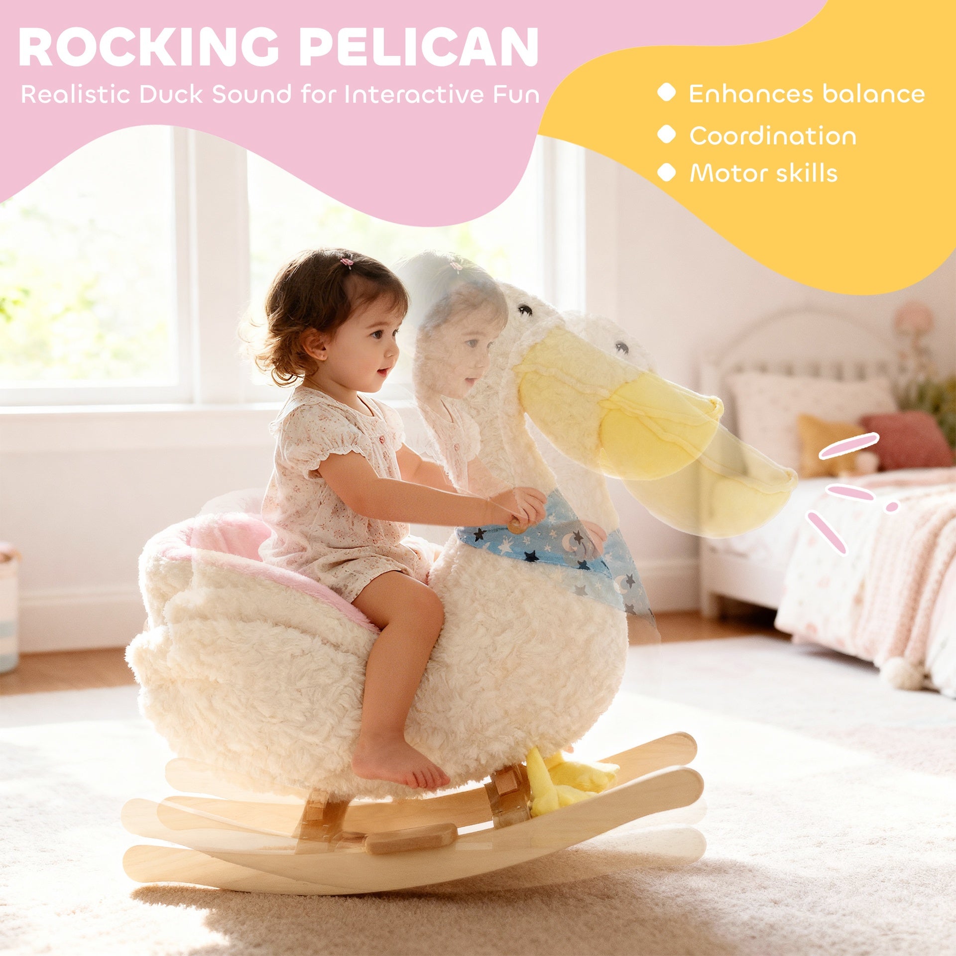 Qaba Baby Rocking Horse, Kids Ride on Pelican Rocking Horse for Toddlers 18–36 Months with Realistic Duck Sound, White
