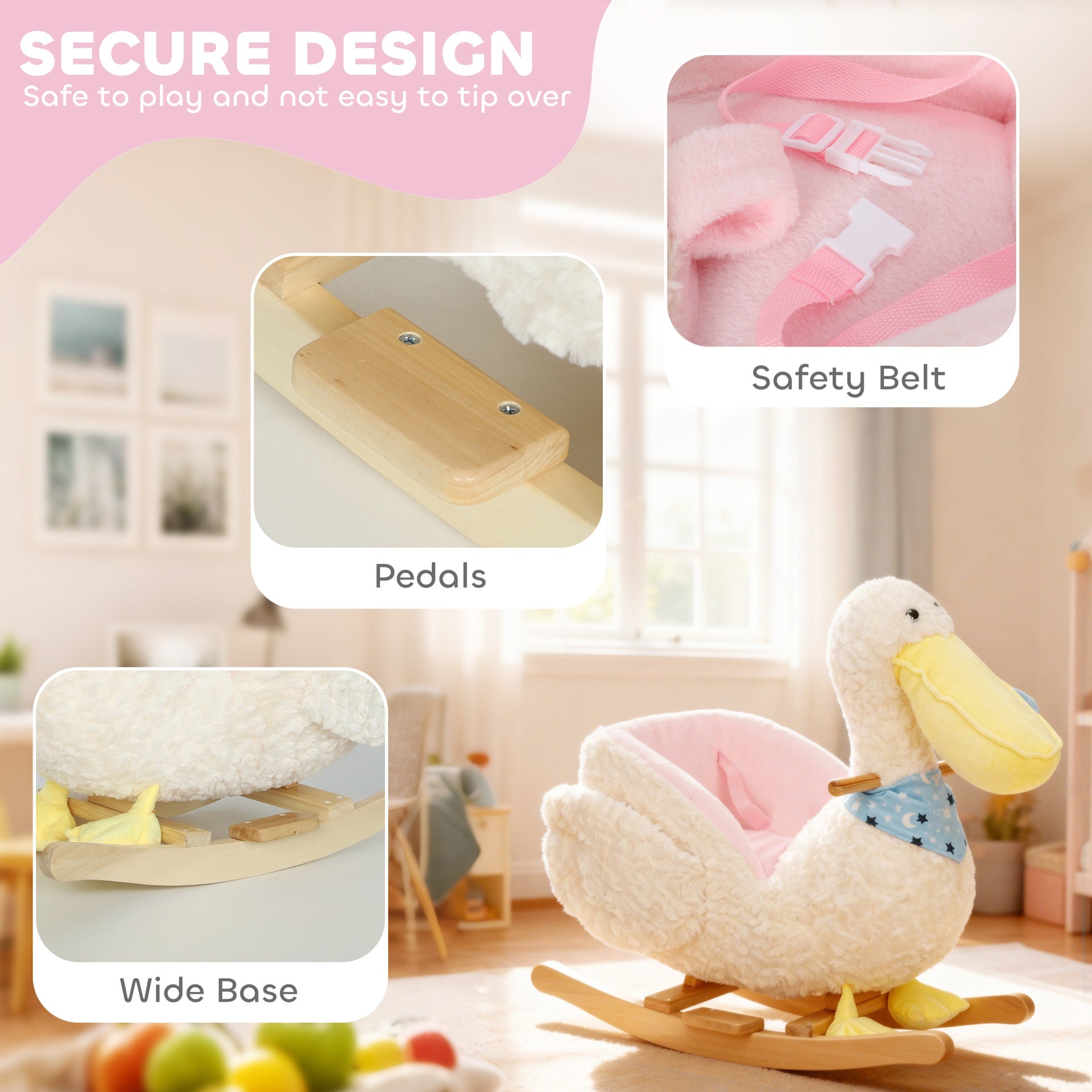 Qaba Baby Rocking Horse, Kids Ride on Pelican Rocking Horse for Toddlers 18–36 Months with Realistic Duck Sound, White